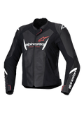 Alpinestars Stella Faster V3 Leather Jacket, chaqueta de motociclismo para mujer, negra con detalles en blanco y coral flúor, confección en cuero premium, con logotipos de Alpinestars en el pecho y las mangas, ajuste deportivo de competición con protecciones integradas en los hombros y cierre de cremallera frontal.