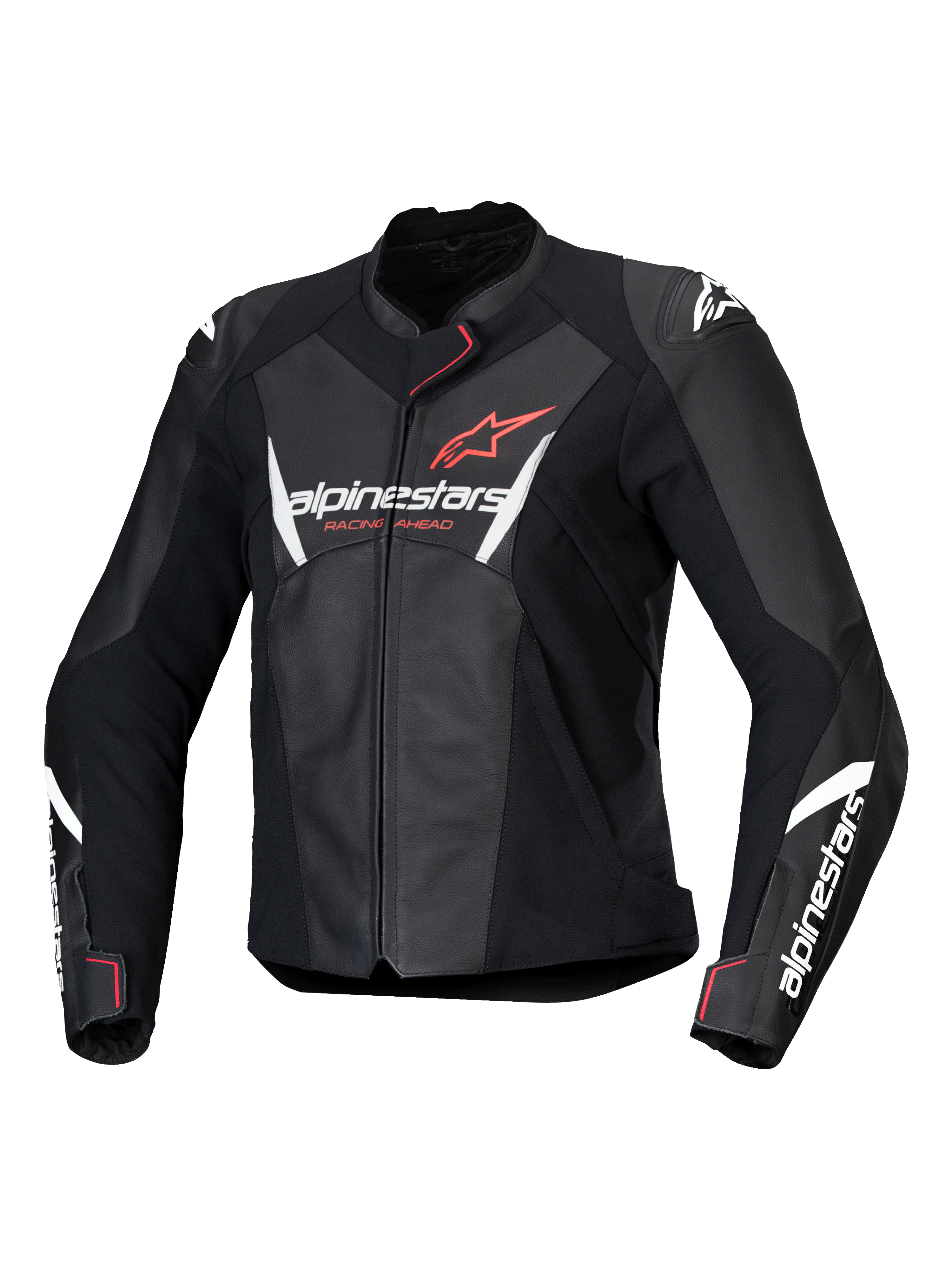 Alpinestars Stella Faster V3 Leather Jacket, chaqueta de motociclismo para mujer, negra con detalles en blanco y coral flúor, confección en cuero premium, con logotipos de Alpinestars en el pecho y las mangas, ajuste deportivo de competición con protecciones integradas en los hombros y cierre de cremallera frontal.