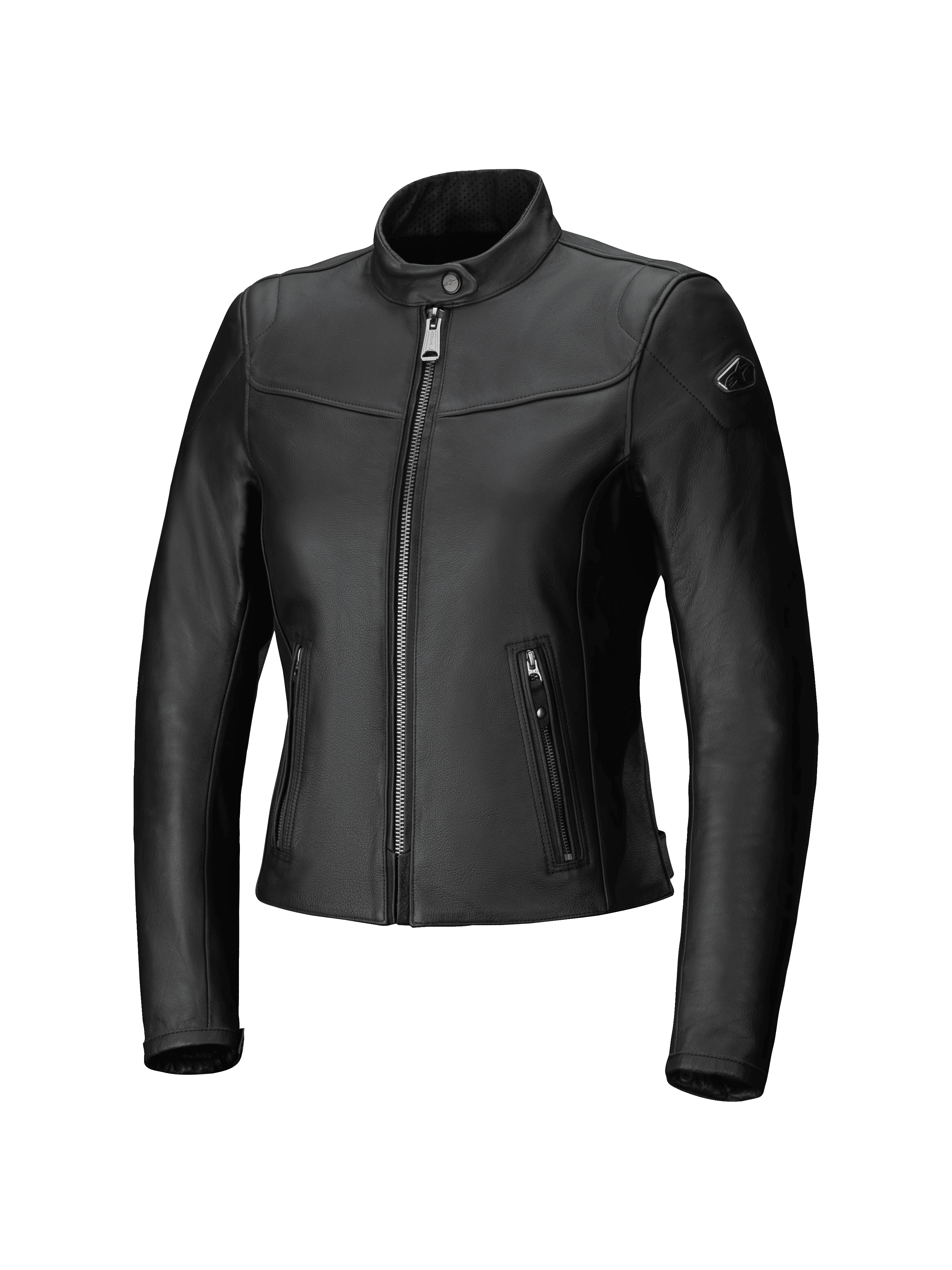 Alpinestars Tory Women Leather Jacket, Urban Motorcycle Jacket, Black, tailored fit with metallic gunmetal front zipper, vertical zippered side pockets, and perforated leather collar, sleek bovine leather finish