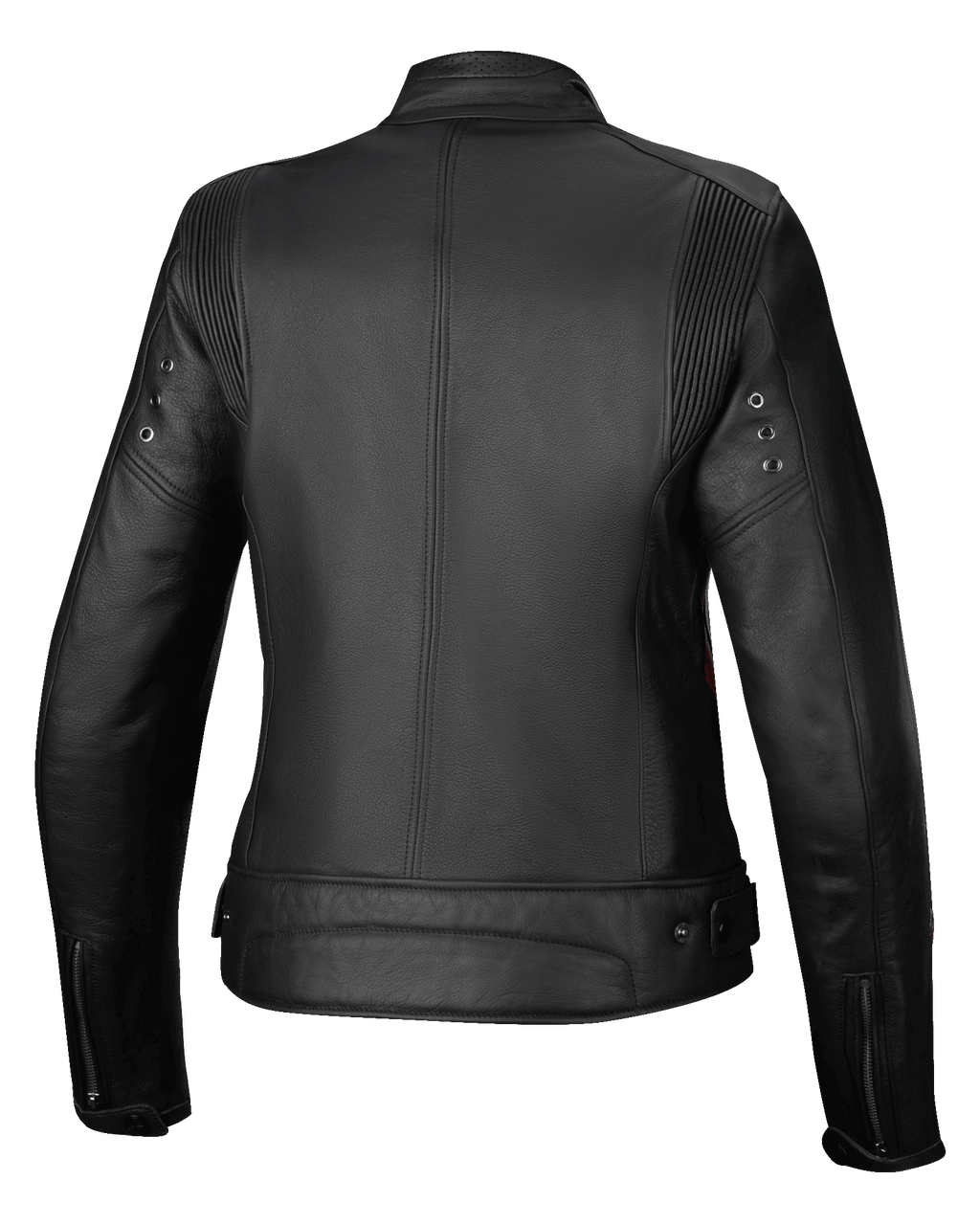 Alpinestars Chaqueta De Cuero Stella Dyno, chaqueta de moto urbana para mujer, vista trasera, negra con detalles rojos, construcción de cuero bovino de primera calidad