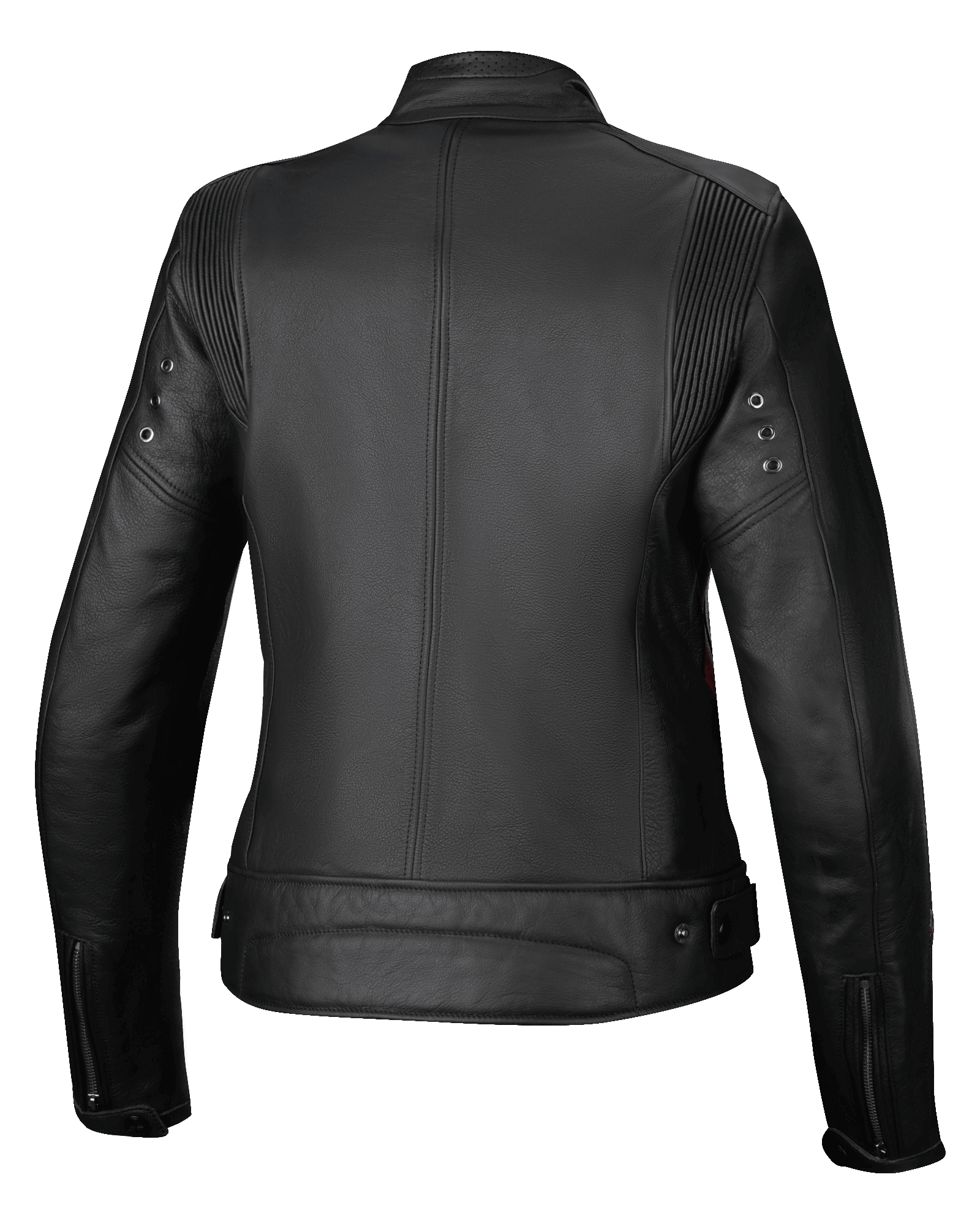 Alpinestars Chaqueta De Cuero Stella Dyno, chaqueta de moto urbana para mujer, vista trasera, negra con detalles rojos, construcción de cuero bovino de primera calidad