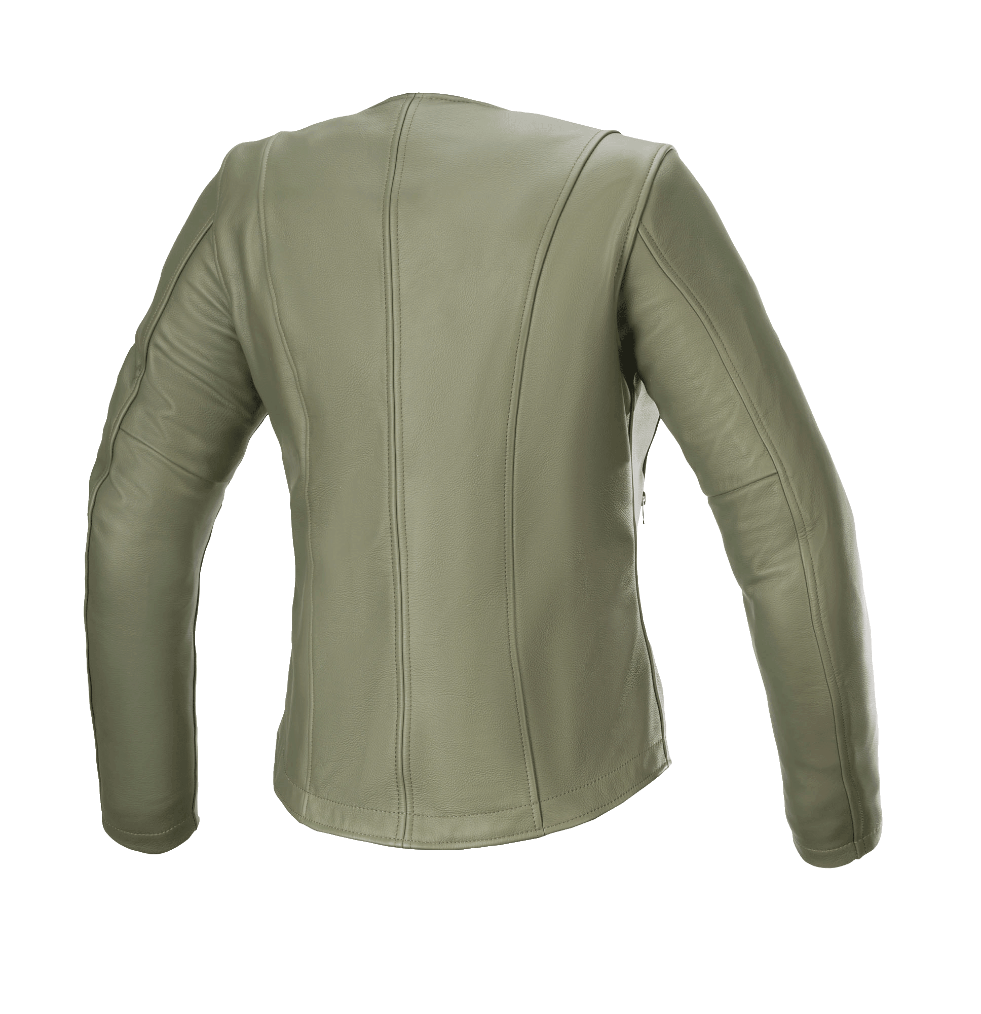 Alpinestars Women's Alice Leather Jacket, Military Green, Rear View, premium leather motorcycle jacket with sleek contoured vertical stitching and pre-curved sleeves for an urban female fit.