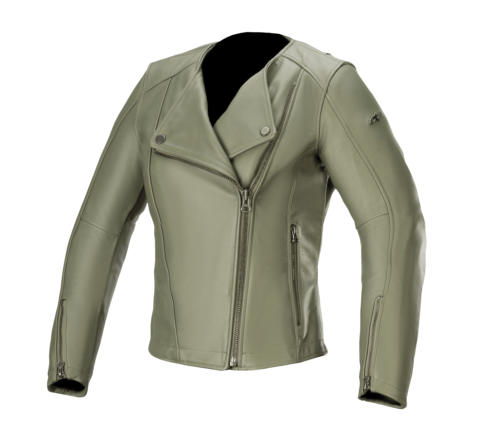 Alpinestars Alice Women's Leather Jacket, verde militar, chaqueta de cuero para moto con cremallera frontal asimétrica, cuello con botones a presión, puños con cremallera, confeccionada en cuero bovino de primera calidad, ajuste femenino entallado para conducción urbana