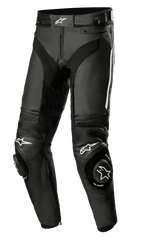 Alpinestars Missile V3 Leather Pants, pantalones de cuero negros para carreras de moto con logotipos de estrella blancos, deslizadores de rodilla reforzados, paneles elásticos de acordeón sobre las rodillas y puertos de ventilación, construcción en cuero bovino premium de 1,3 mm para rendimiento en pista y carretera