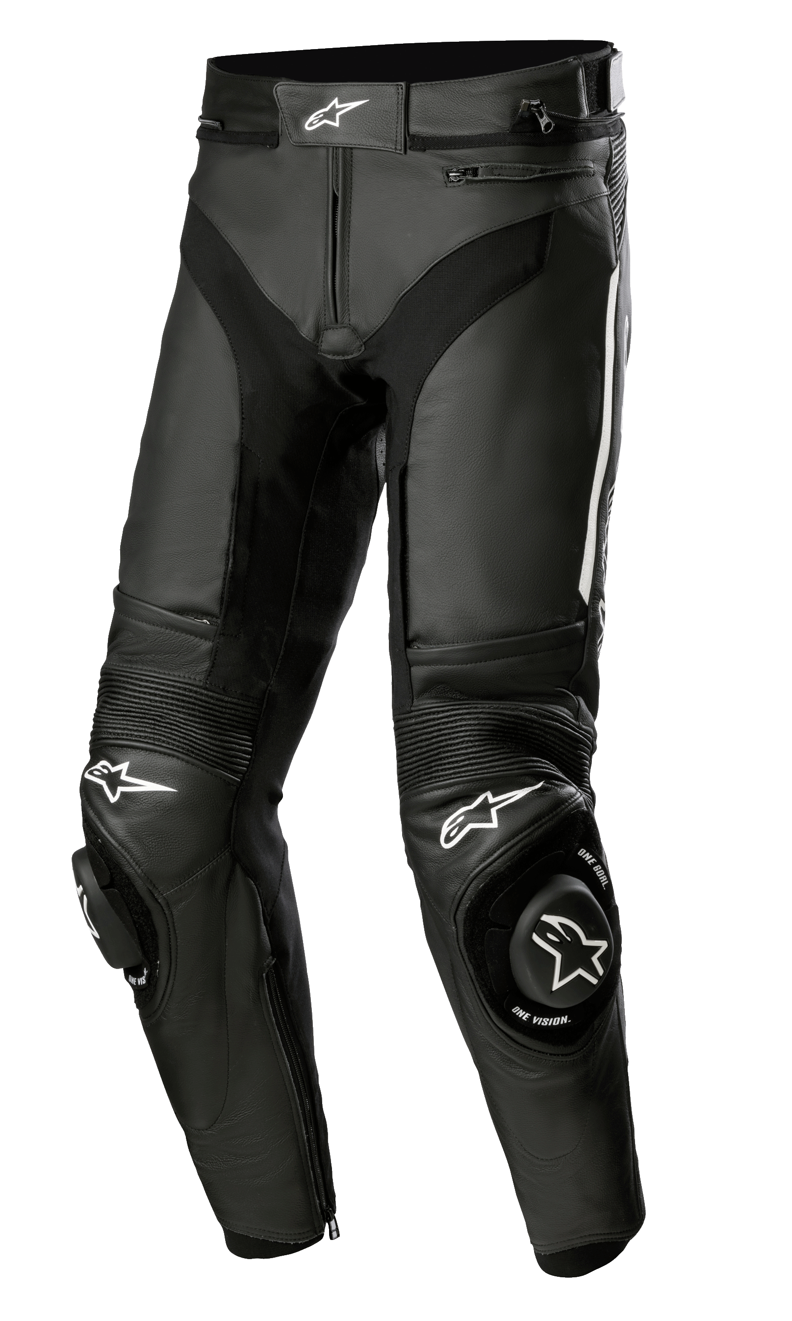 Alpinestars Missile V3 Leather Pants, pantalones de cuero negros para carreras de moto con logotipos de estrella blancos, deslizadores de rodilla reforzados, paneles elásticos de acordeón sobre las rodillas y puertos de ventilación, construcción en cuero bovino premium de 1,3 mm para rendimiento en pista y carretera