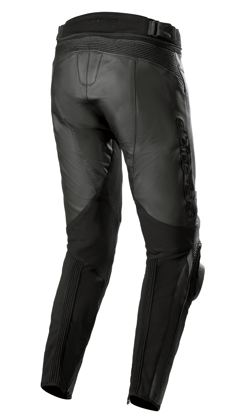 Pantalones de cuero Alpinestars Missile V3, negros, vista trasera, con zonas de estiramiento de cuero tipo acordeón en la cintura y detrás de las rodillas, marca Alpinestars grabada en relieve y construcción de cuero resistente para carreras en carretera.