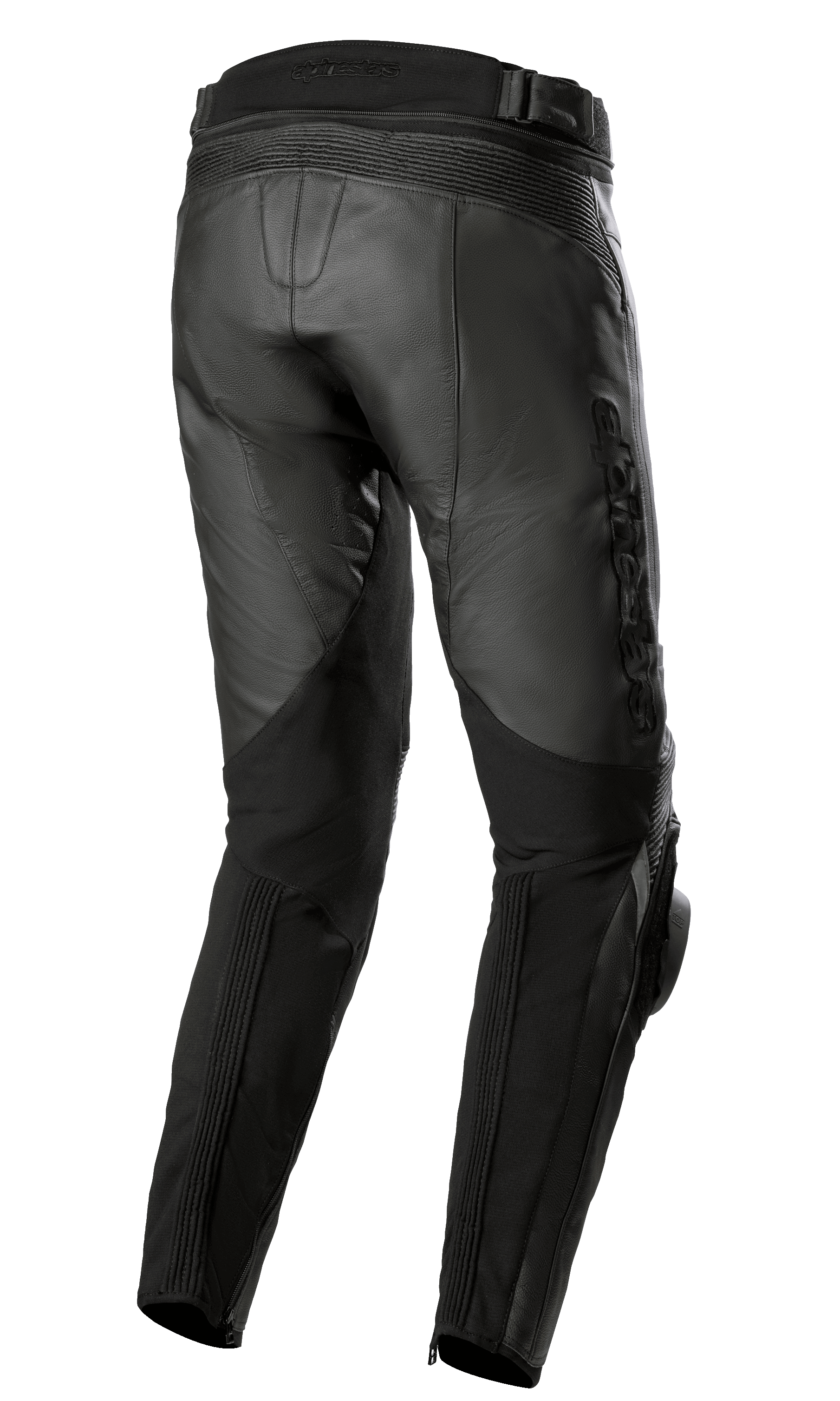 Pantalones de cuero Alpinestars Missile V3, negros, vista trasera, con zonas de estiramiento de cuero tipo acordeón en la cintura y detrás de las rodillas, marca Alpinestars grabada en relieve y construcción de cuero resistente para carreras en carretera.