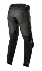 Alpinestars Missile V3 Leather Pants - Short, vista trasera que muestra la construcción de cintura trasera alta, zonas de cuero extensible tipo acordeón sobre la rodilla y paneles elásticos en la pantorrilla para mayor movilidad, equipamiento de cuero bovino premium para motociclismo de carretera.