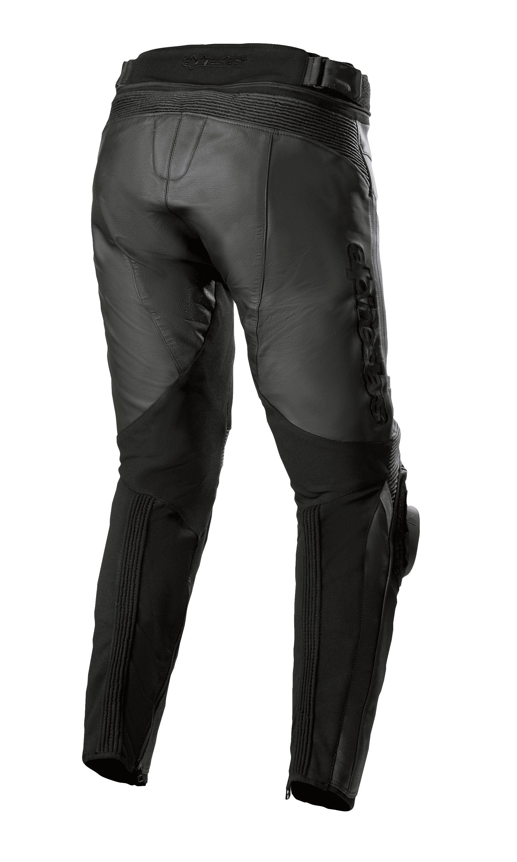 Alpinestars Missile V3 Leather Pants - Short, vista trasera que muestra la construcción de cintura trasera alta, zonas de cuero extensible tipo acordeón sobre la rodilla y paneles elásticos en la pantorrilla para mayor movilidad, equipamiento de cuero bovino premium para motociclismo de carretera.