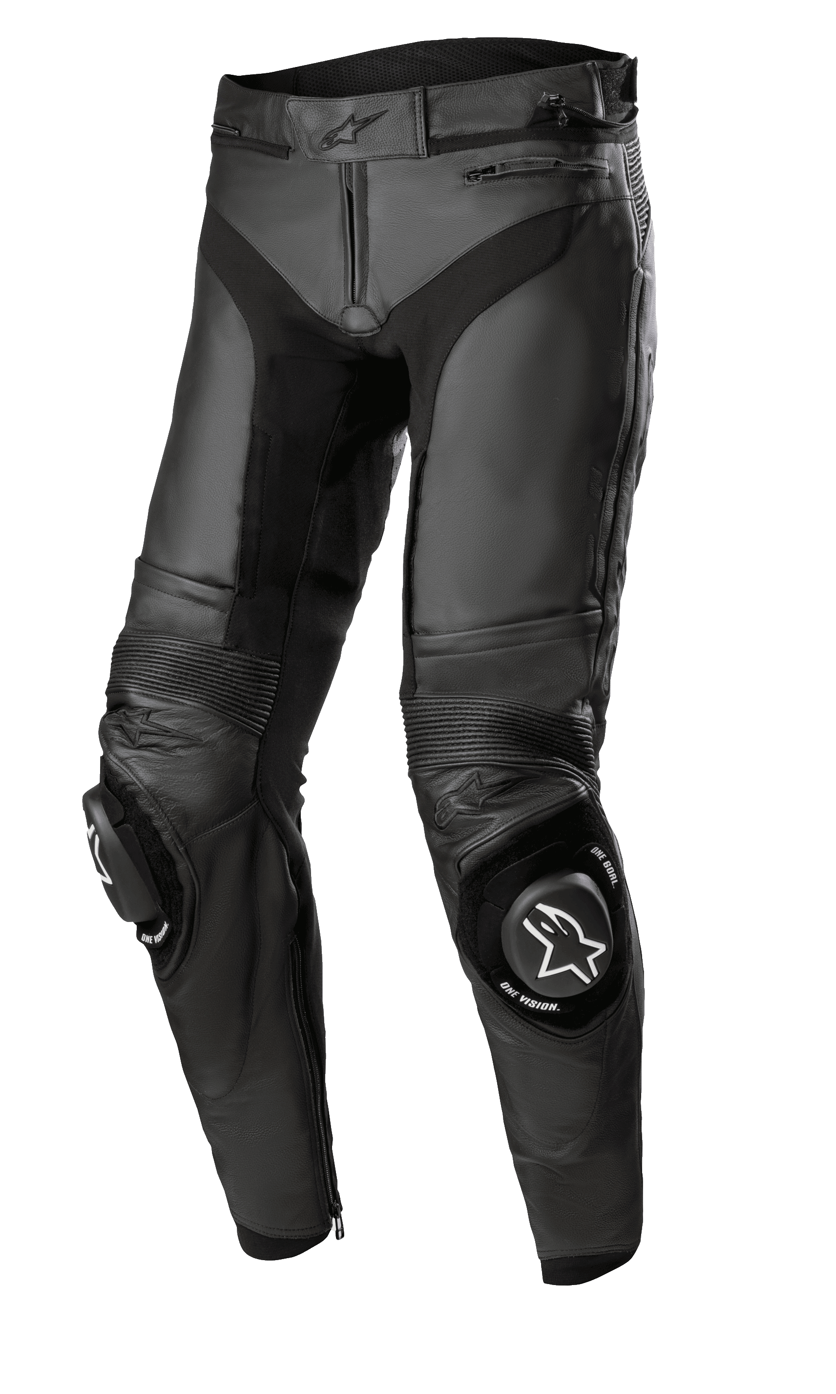 Alpinestars Missile V3 Leather Pants - Short, pantalones de cuero para moto de carreras, negros, confección en cuero premium con paneles elásticos de acordeón, rodillas reforzadas con deslizadores con logo blanco, cintura y tobillos con cremallera, diseño ergonómico para conducción deportiva
