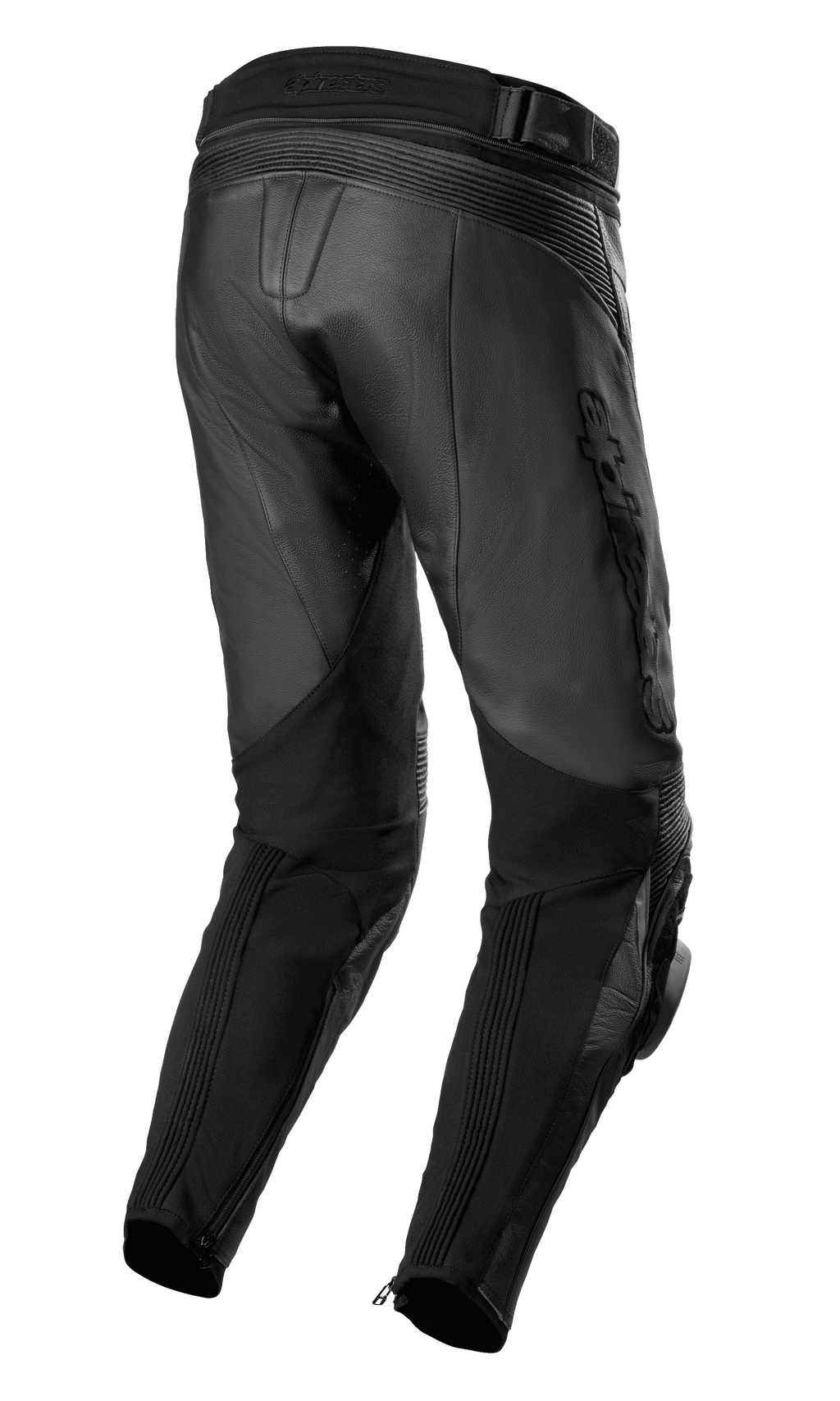 Pantalones de cuero Alpinestars Missile V3 Airflow, color negro, vista trasera con construcción en cuero premium, zonas elásticas en acordeón sobre la rodilla, cintura trasera alta y paneles flexibles en las pantorrillas con cremalleras en los tobillos.