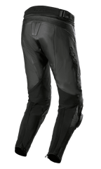 Pantalones de cuero Alpinestars Missile V3 Airflow, color negro, vista trasera con construcción en cuero premium, zonas elásticas en acordeón sobre la rodilla, cintura trasera alta y paneles flexibles en las pantorrillas con cremalleras en los tobillos.