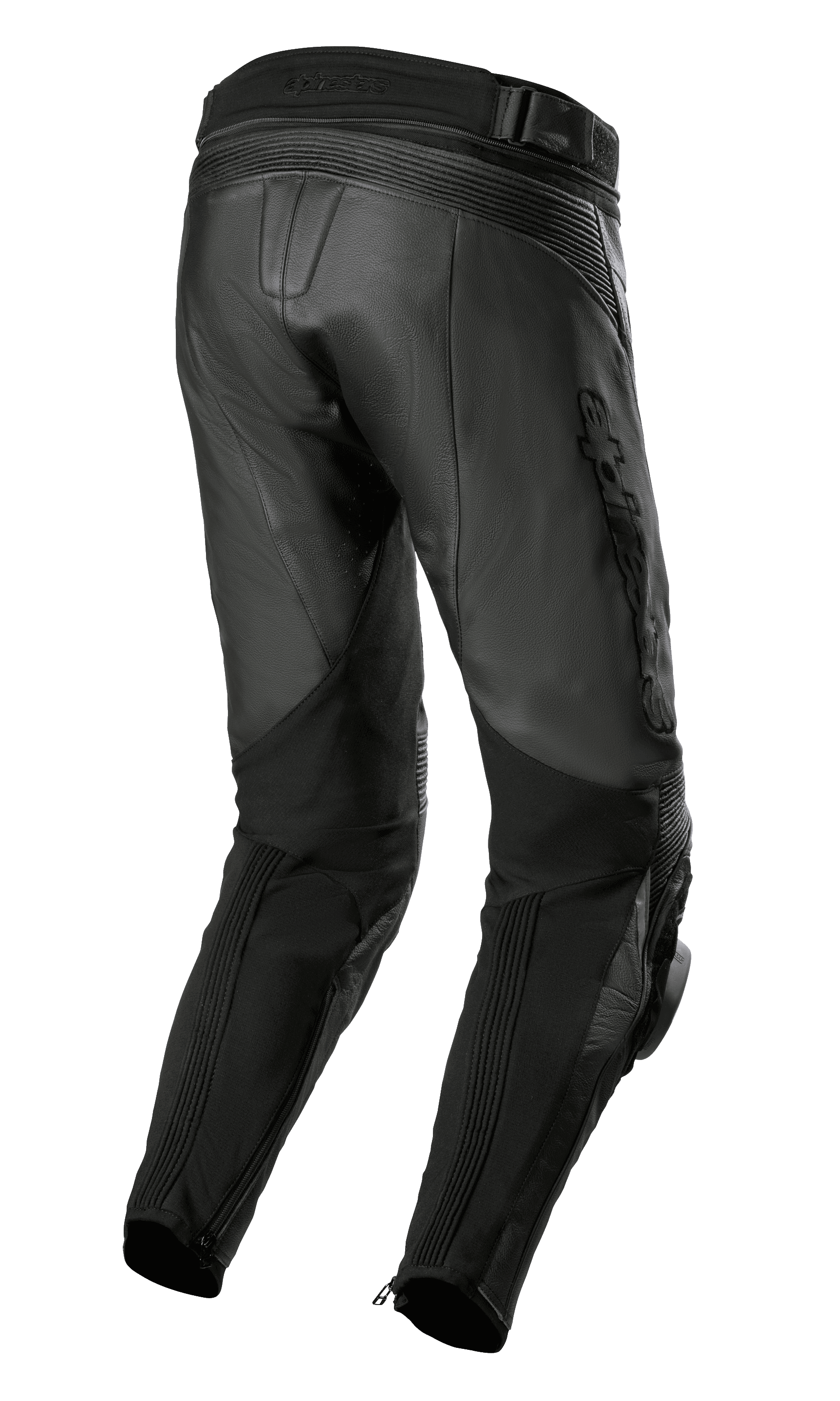 Pantalones de cuero Alpinestars Missile V3 Airflow, color negro, vista trasera con construcción en cuero premium, zonas elásticas en acordeón sobre la rodilla, cintura trasera alta y paneles flexibles en las pantorrillas con cremalleras en los tobillos.