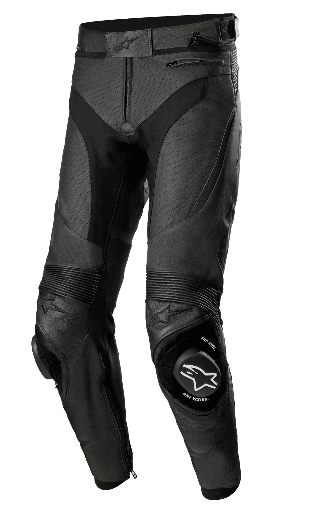 Alpinestars Missile V3 Airflow Leather Pants, pantalones de cuero para carreras de motos, negros, construcción de cuero perforado de primera calidad para máxima ventilación, deslizadores de rodilla reforzados con marca ONE GOAL ONE VISION, paneles elásticos de acordeón para flexibilidad, bolsillos con cremallera y ajuste de cintura, diseño negro elegante para rendimiento deportivo y en pista