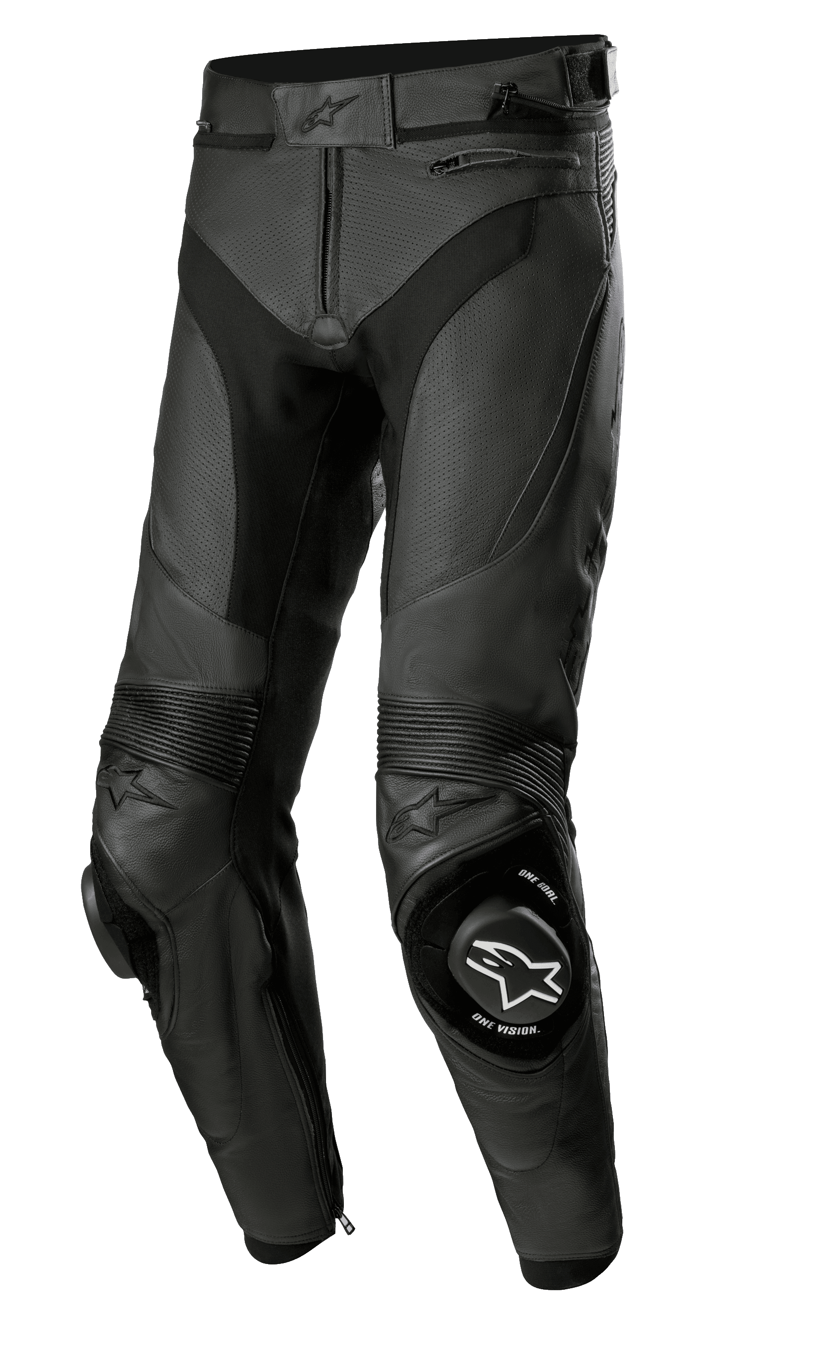 Alpinestars Missile V3 Airflow Leather Pants, pantalones de cuero para carreras de motos, negros, construcción de cuero perforado de primera calidad para máxima ventilación, deslizadores de rodilla reforzados con marca ONE GOAL ONE VISION, paneles elásticos de acordeón para flexibilidad, bolsillos con cremallera y ajuste de cintura, diseño negro elegante para rendimiento deportivo y en pista