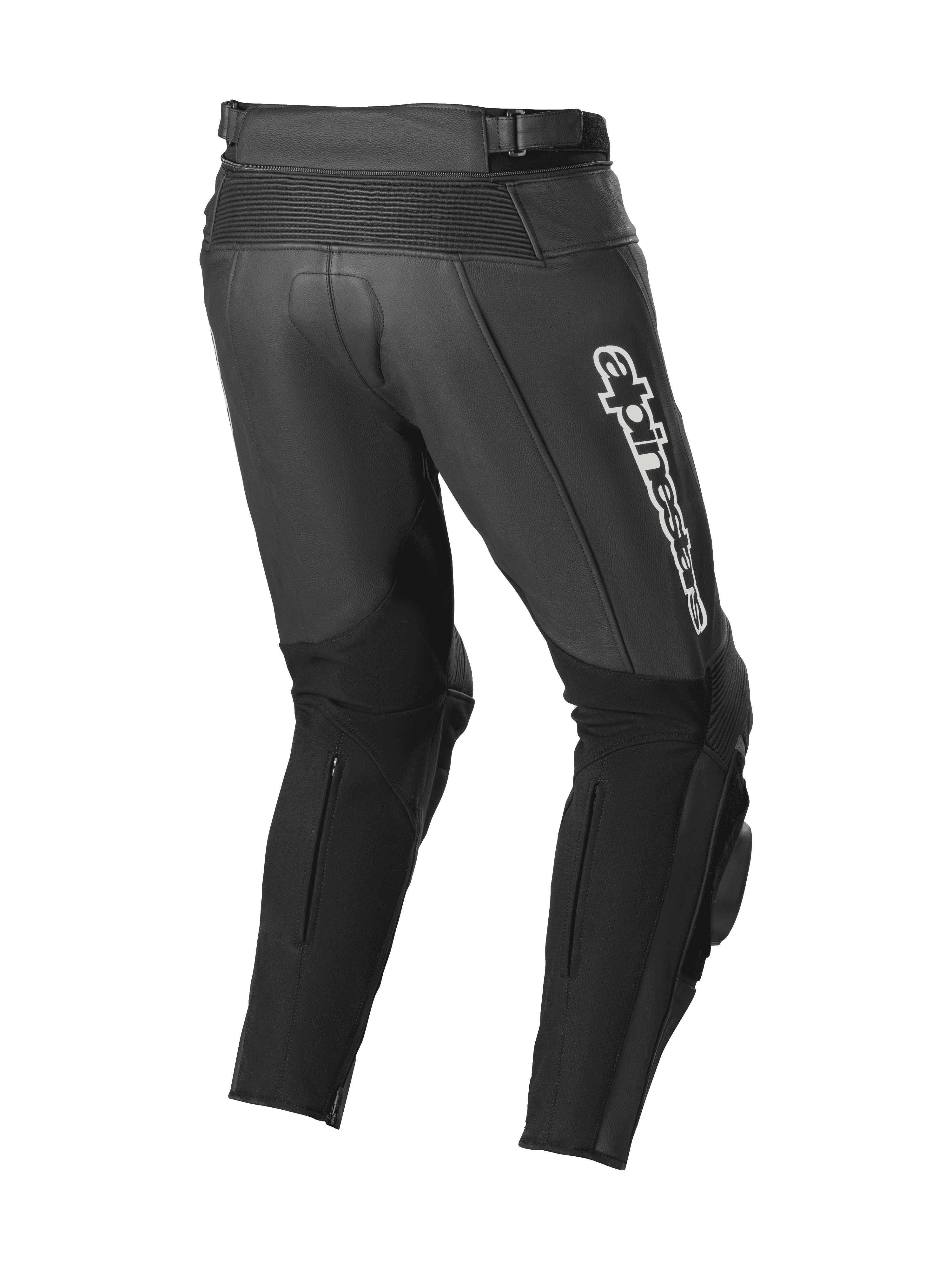 Alpinestars Track V2 Leather Pants, negro, vista trasera que muestra zonas de estiramiento de cuero en acordeón, logotipo blanco de Alpinestars en el muslo, amplios paneles elásticos en las pantorrillas y deslizadores de rodilla integrados para uso en pista y calle