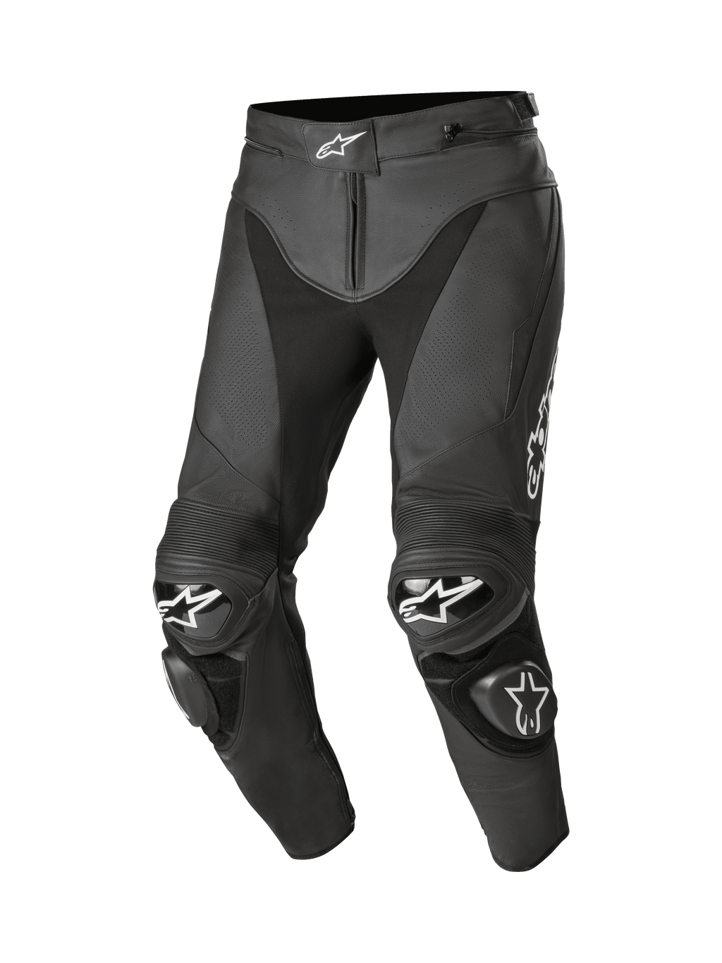 Pantalones de cuero Alpinestars Track V2, pantalones negros de carreras para moto, con logotipos de estrellas blancas en la cintura y las rodillas, confección en cuero perforado, paneles de acordeón flexibles sobre las rodillas y deslizadores de rodilla de TPU reemplazables, cuero de bovino premium de 1,3 mm con construcción de pierna precurvada para un alto rendimiento en competición.