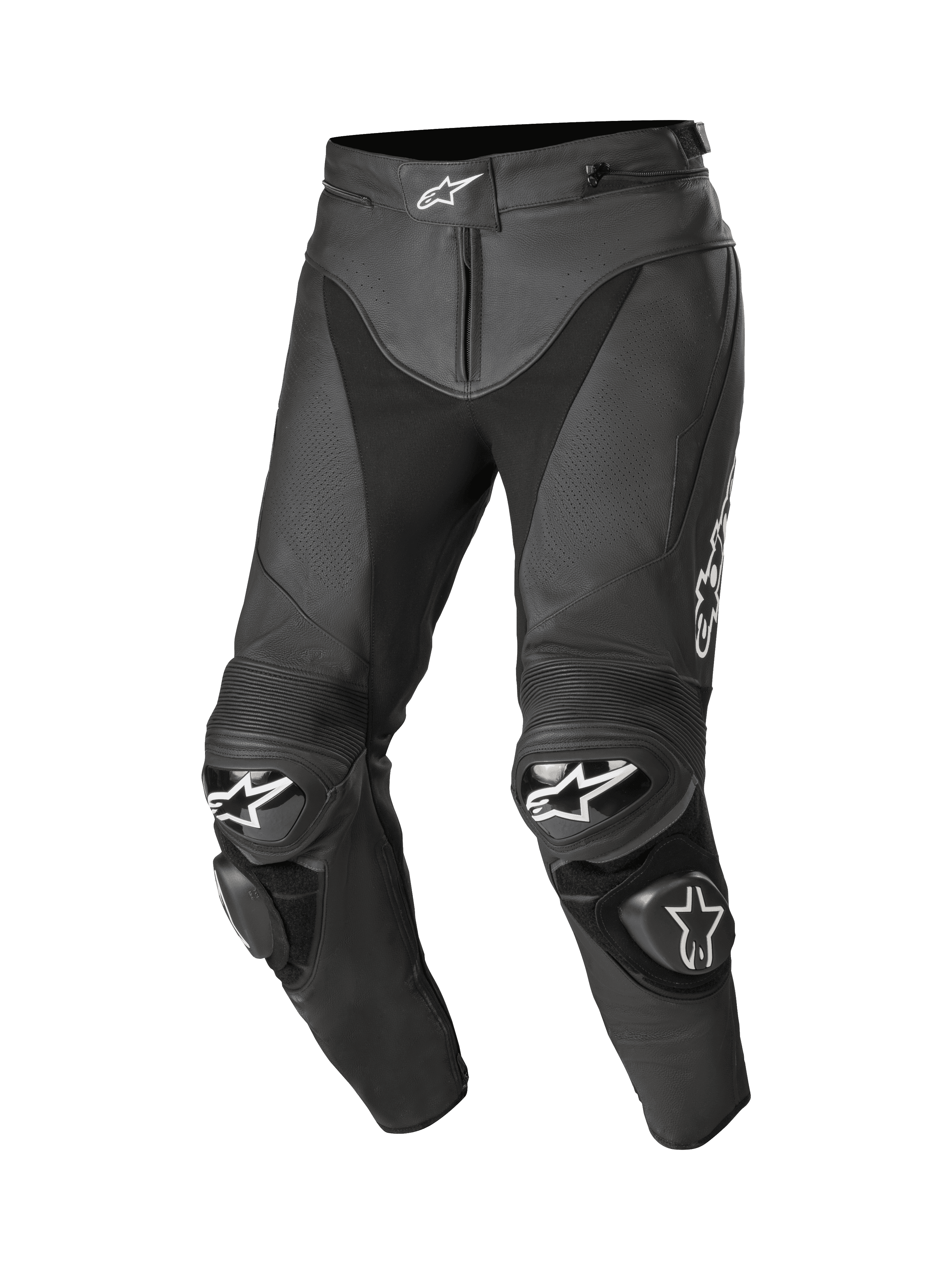 Alpinestars Track V2 Leather Pants, Black Motorcycle Racing Pants, featuring white star logos on the waist and knees, perforated leather construction, accordion flex panels above the knees, and replaceable TPU knee sliders, premium 1.3mm bovine leather with pre-curved leg construction for racing performance