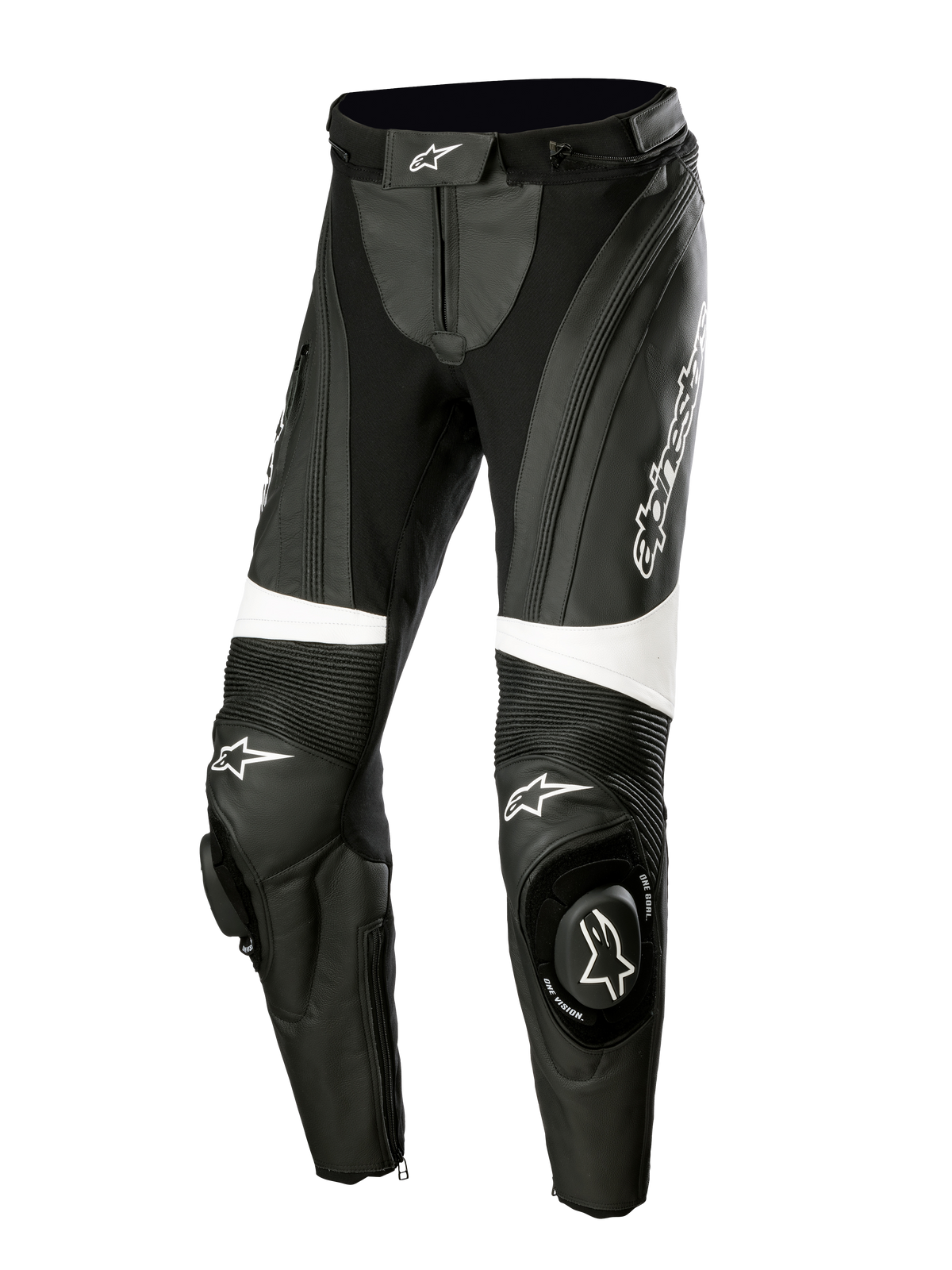Alpinestars Stella Missile V3 Leather Pants, pantalones de carreras de moto para mujer, en color negro y blanco, con paneles elásticos de acordeón sobre las rodillas, deslizadores de rodilla integrados con el logotipo de Alpinestars, franjas decorativas blancas y un ajuste aerodinámico para conducción deportiva y en circuito.