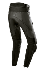 Alpinestars Women Stella Missile V3 Leather Pants, Black Black, Rear view showing high rear waist and accordion leather stretch zones above the knee, premium bovine leather construction with stretch panels on calves and ankle zippers, designed for racing and sport riding.