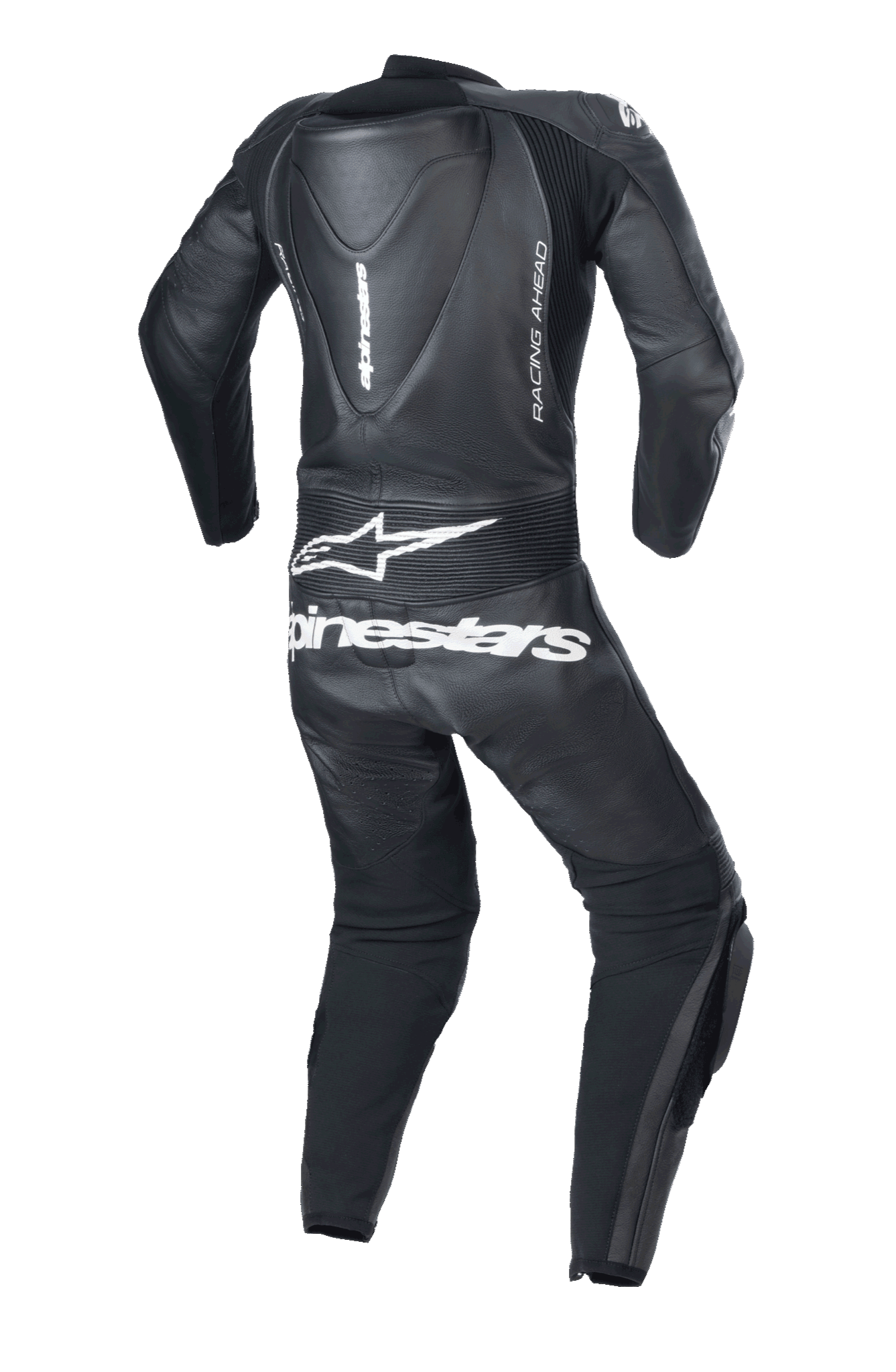 Mono de cuero de una pieza Alpinestars Youth GP Plus V2, negro, vista trasera con joroba aerodinámica, logotipo y texto de Alpinestars en blanco en la parte inferior de la espalda, marca lateral 'RACING AHEAD' y paneles elásticos de acordeón para mayor movilidad.