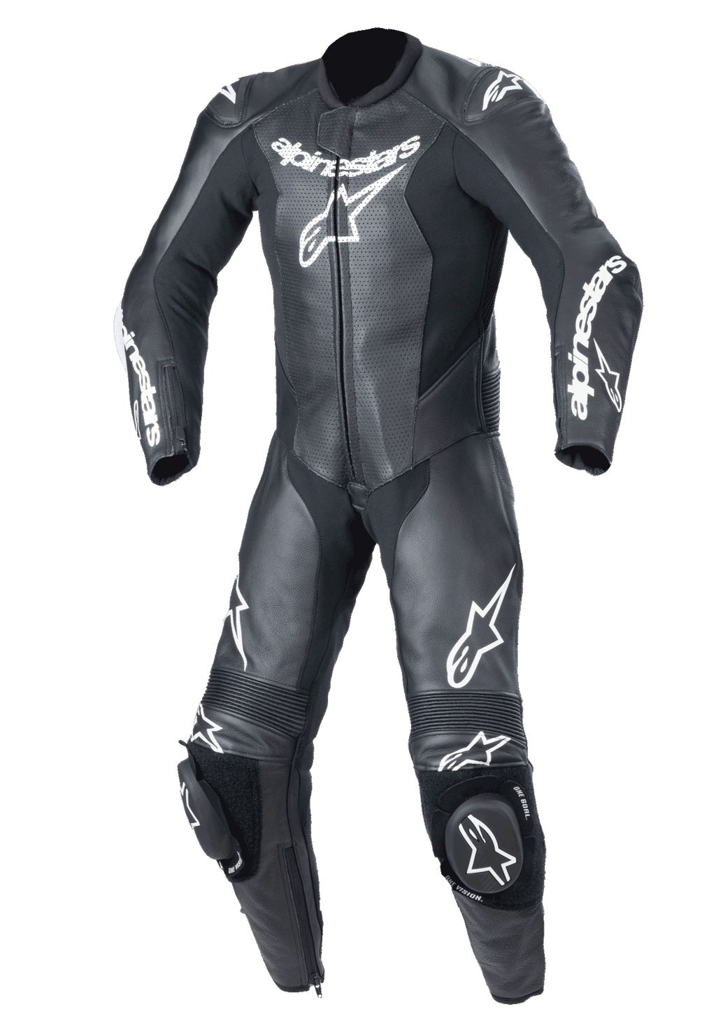 Alpinestars Youth GP Plus V2, mono de cuero de una pieza para competición, negro con logotipos Alpinestars en blanco, paneles de cuero perforado en el pecho, deslizadores de rodilla integrados, paneles elásticos de acordeón en rodillas y hombros, diseño profesional listo para la pista para pilotos jóvenes