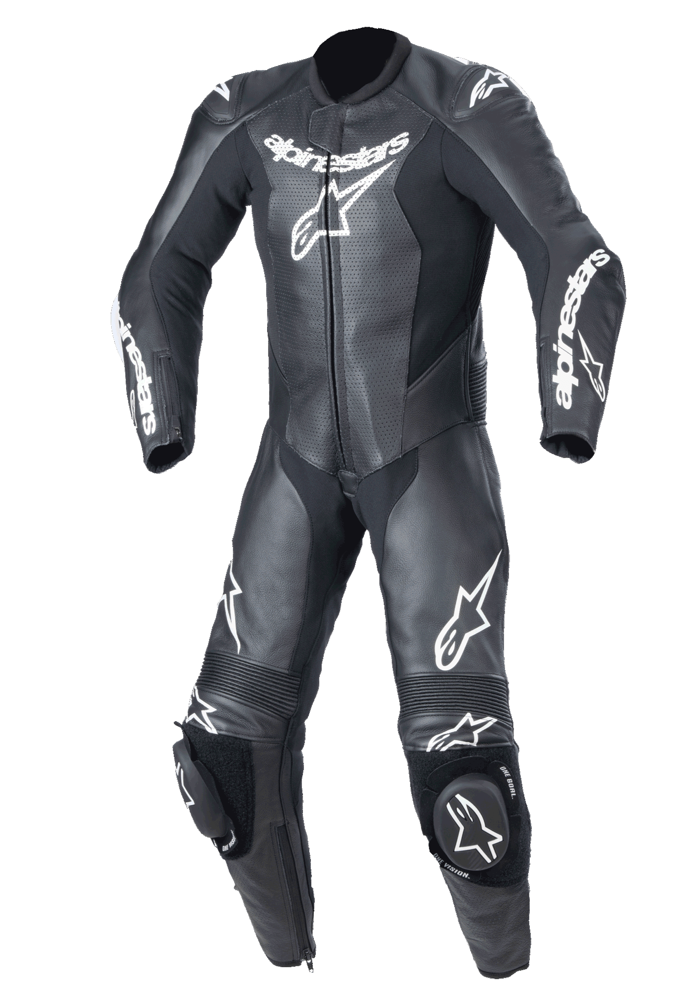 Alpinestars Youth GP Plus V2, mono de cuero de una pieza para competición, negro con logotipos Alpinestars en blanco, paneles de cuero perforado en el pecho, deslizadores de rodilla integrados, paneles elásticos de acordeón en rodillas y hombros, diseño profesional listo para la pista para pilotos jóvenes