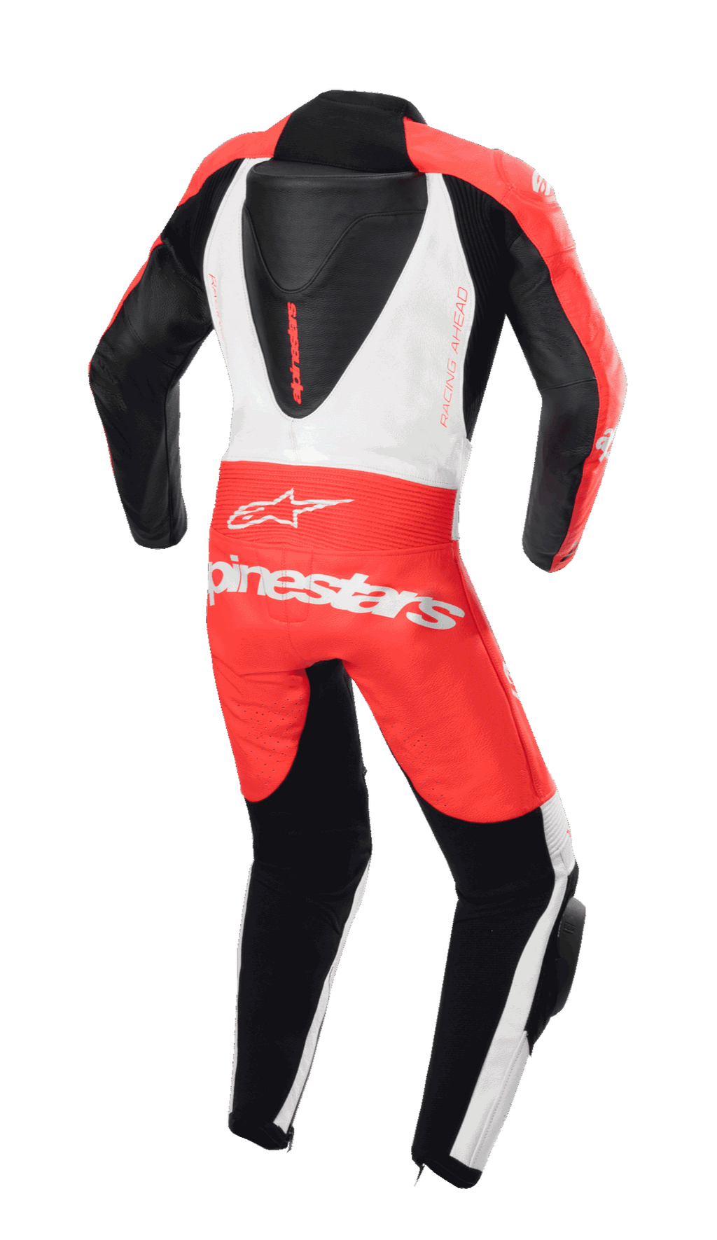 Mono de cuero de una pieza Alpinestars Youth GP Plus V2, vista trasera, rojo flúor, blanco y negro, con joroba trasera aerodinámica y logotipo Alpinestars, diseño de competición profesional para pilotos jóvenes