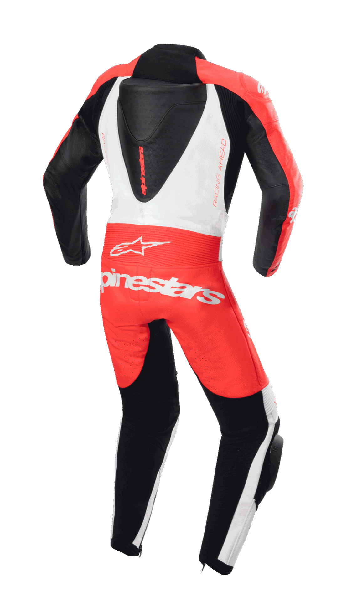 Mono de cuero de una pieza Alpinestars Youth GP Plus V2, vista trasera, rojo flúor, blanco y negro, con joroba trasera aerodinámica y logotipo Alpinestars, diseño de competición profesional para pilotos jóvenes