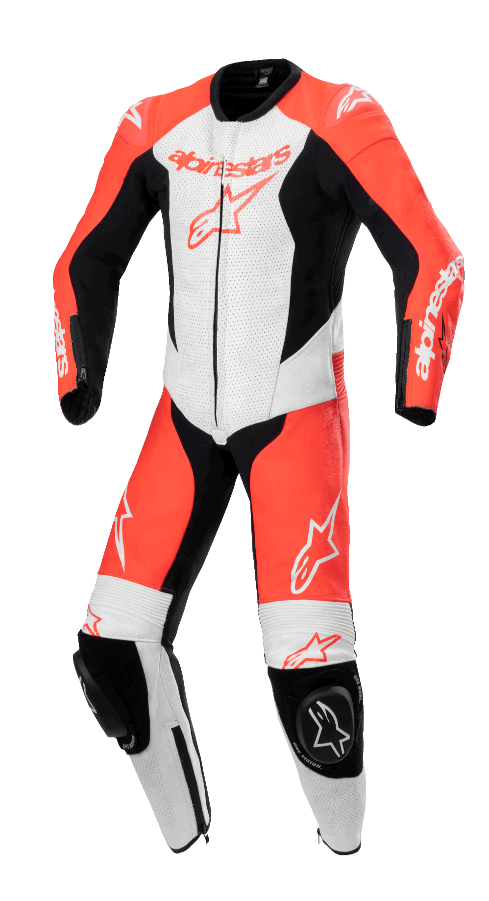 Alpinestars Youth GP Plus V2, mono de cuero de una pieza para moto, rojo flúor, blanco y negro, con paneles de ventilación perforados, deslizadores de rodilla negros con logo Astar y ajuste aerodinámico de competición para jóvenes pilotos