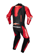 Alpinestars GP-R7 One-Piece Leather Suit, black and red motorcycle racing suit with aerodynamic hump and Tech-Air Ready logo.