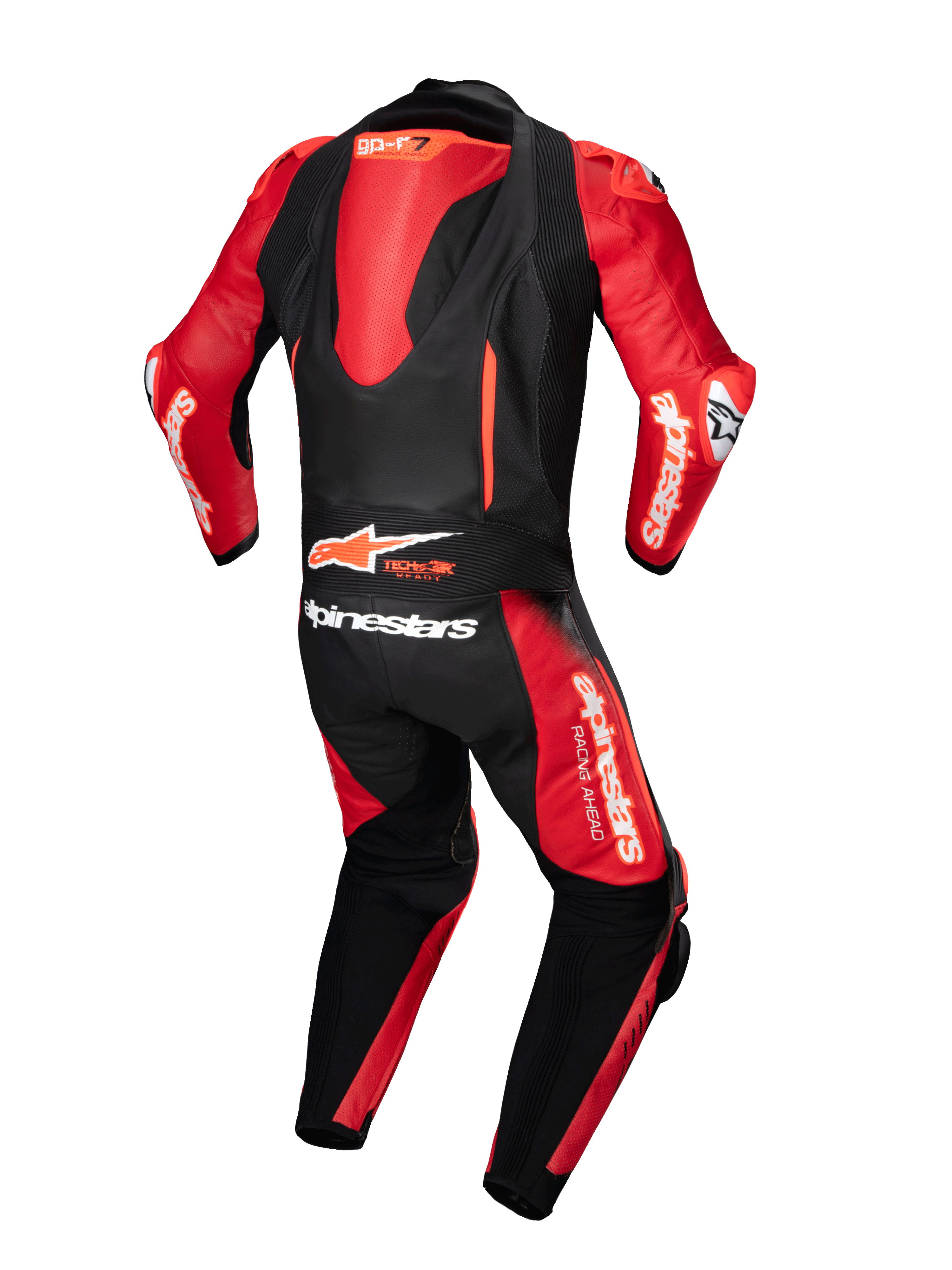 Alpinestars GP-R7 One-Piece Leather Suit, black and red motorcycle racing suit with aerodynamic hump and Tech-Air Ready logo.