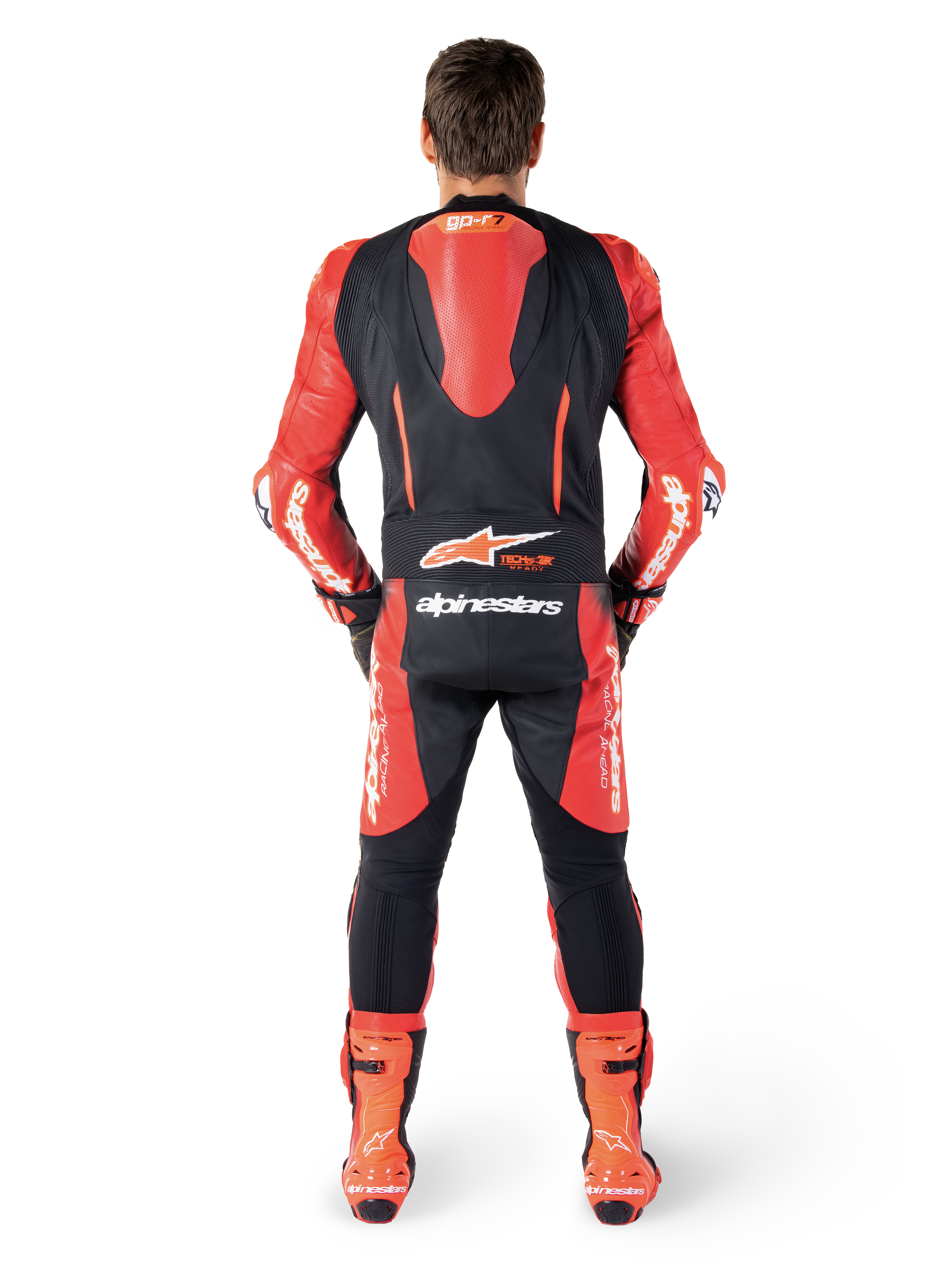 Alpinestars GP-R7 1-Piece Leather Suit, Black and Red motorcycle racing gear, rear view with aerodynamic hump
