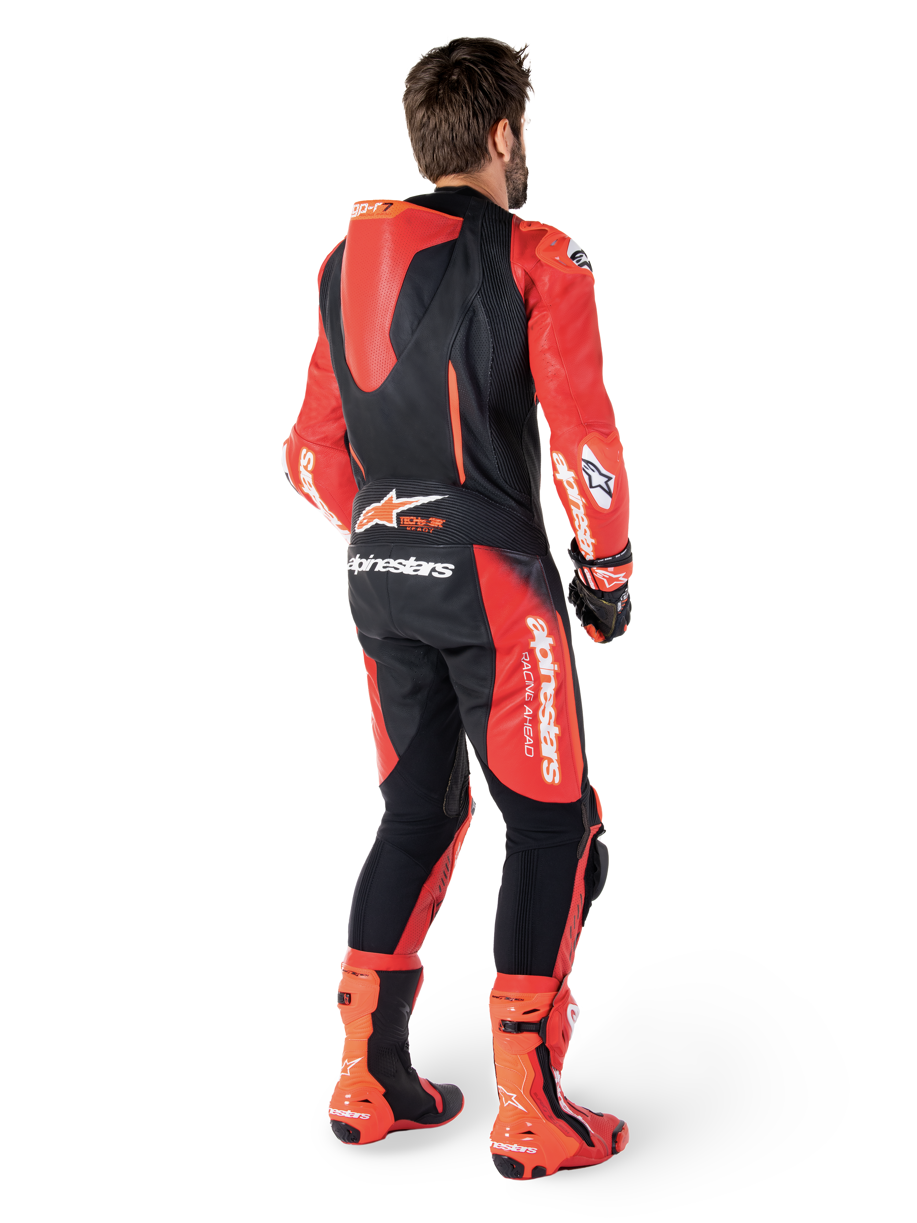 Alpinestars GP-R7 Leather Suit, 1 Piece Motorcycle Racing Suit, Black and Mid Red, aerodynamic hump