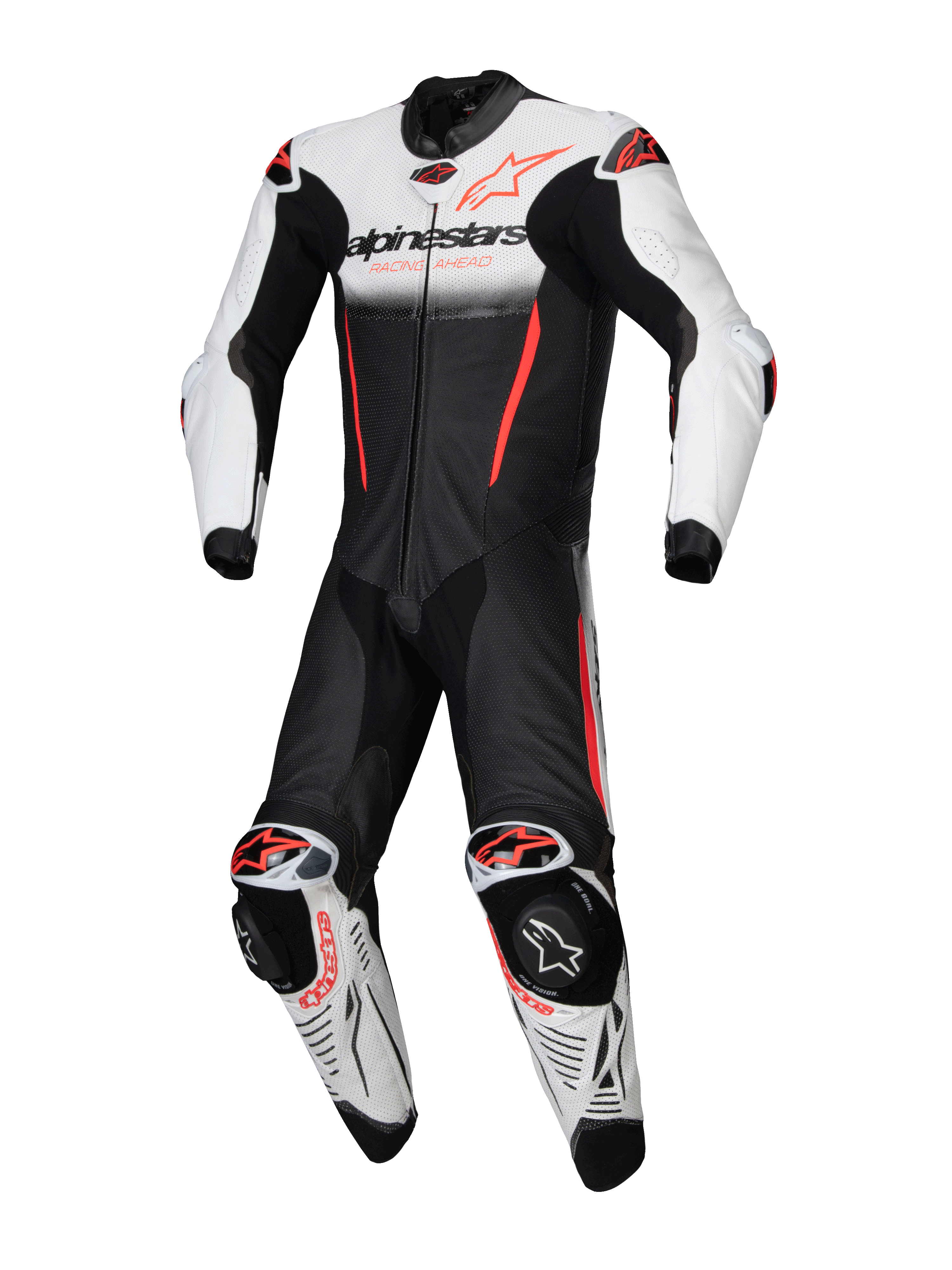 Alpinestars GP-R7, mono de cuero para carreras de moto, blanco, negro y rojo fluo, compatible con Tech-Air