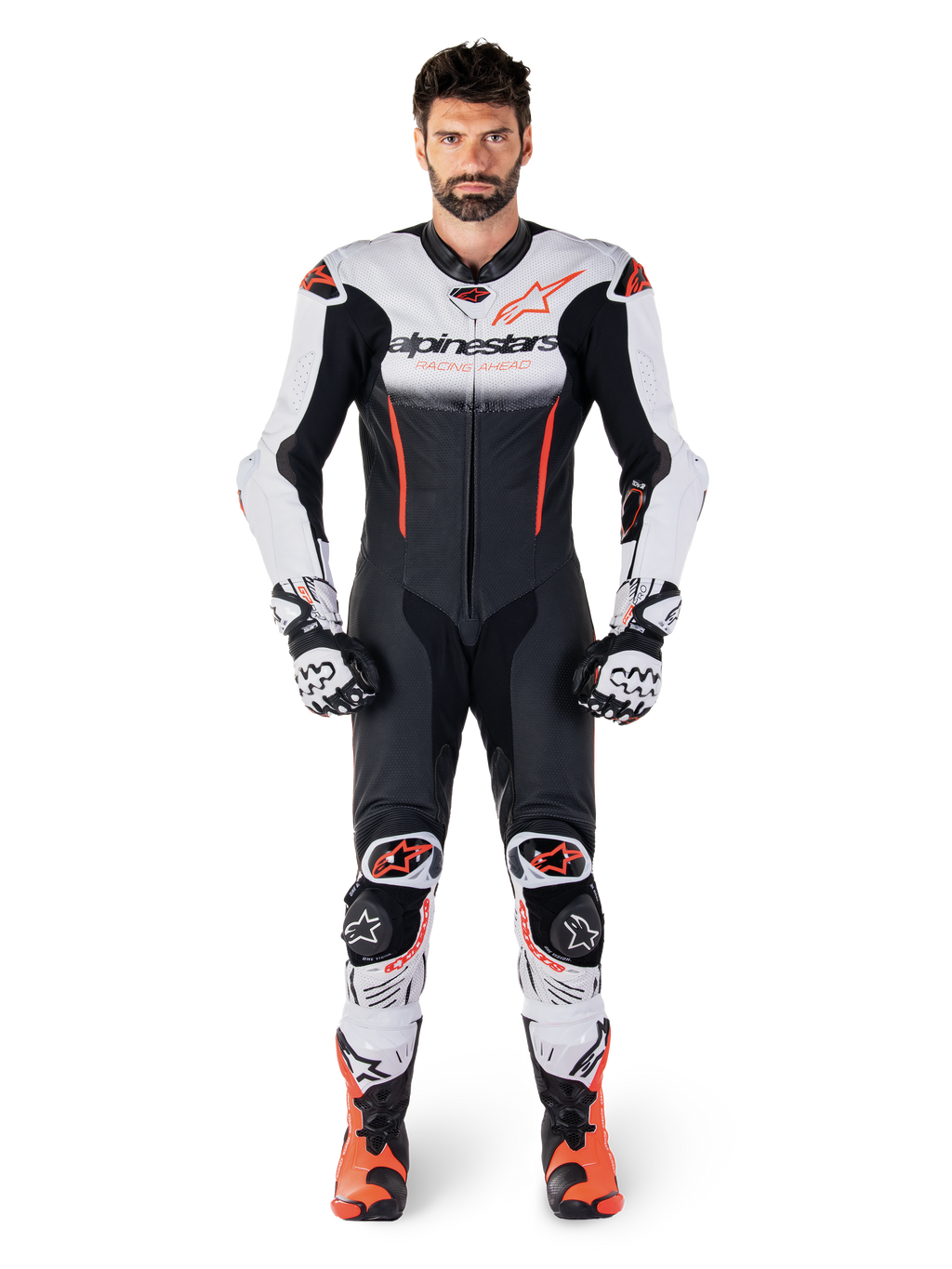 Alpinestars mono de cuero 1 pieza GP-R7 para hombre, blanco, negro y rojo fluo, equipo técnico de alto rendimiento para pista.