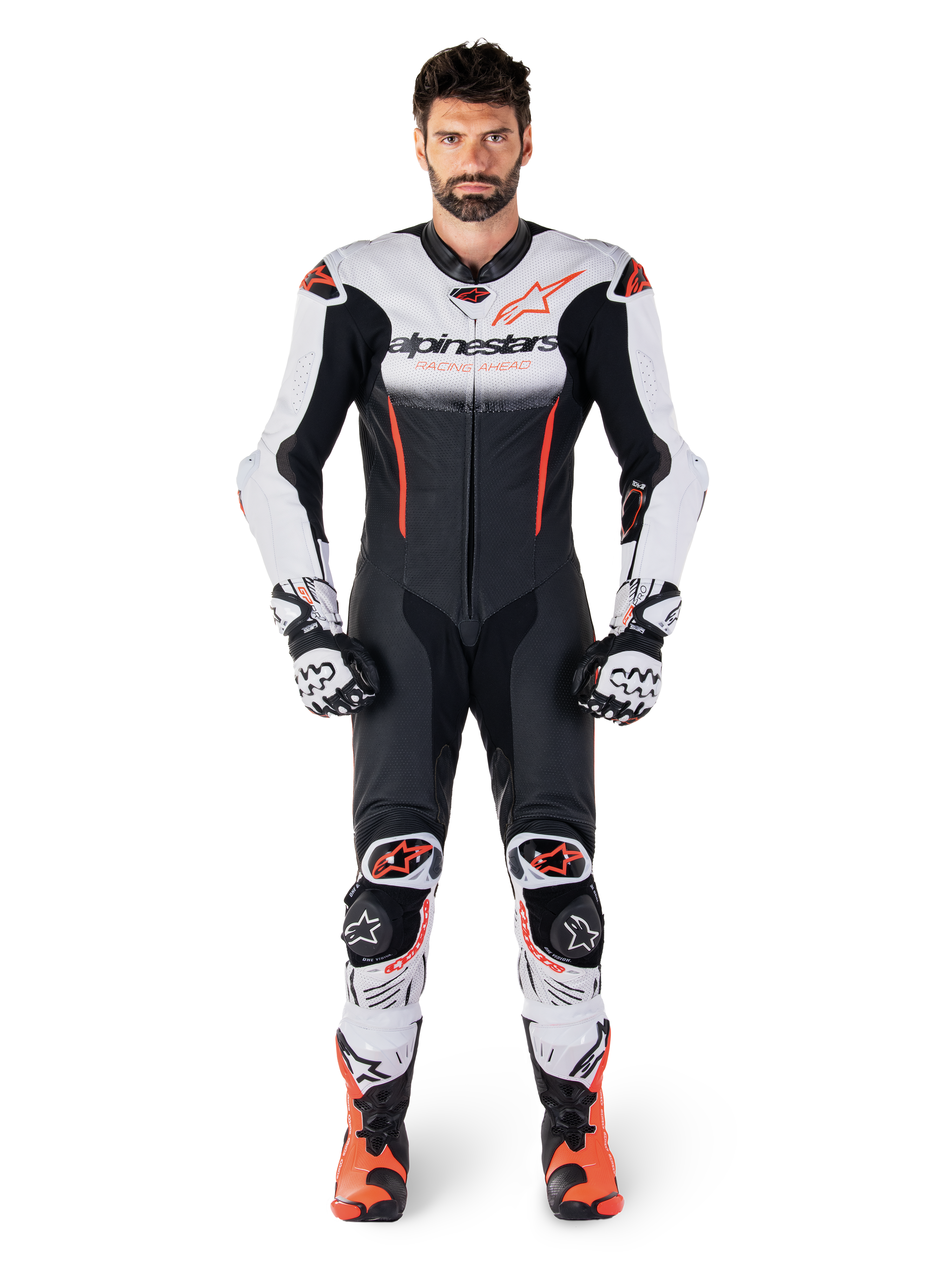 Alpinestars mono de cuero 1 pieza GP-R7 para hombre, blanco, negro y rojo fluo, equipo técnico de alto rendimiento para pista.