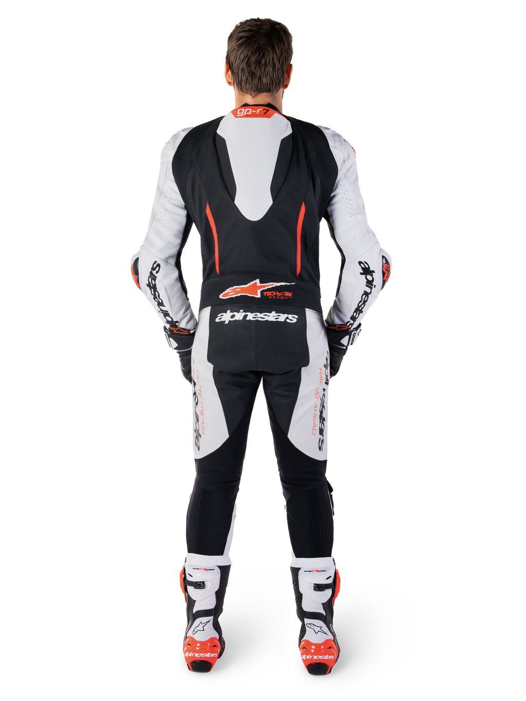Alpinestars Mono de Cuero 1 Pieza GP-R7, mono de moto para carreras, blanco y negro con detalles rojos, joroba aerodinámica, vista posterior de piloto