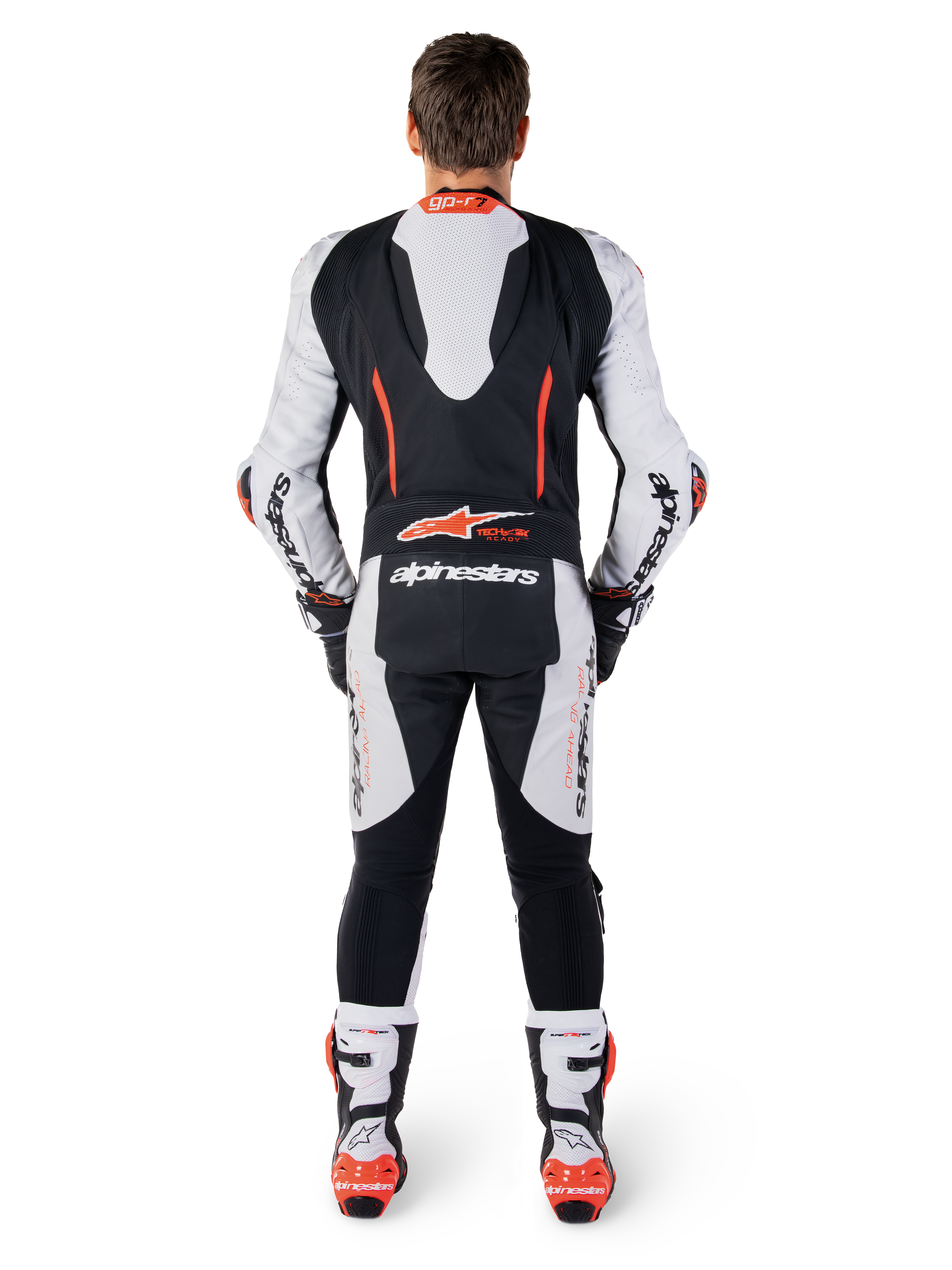 Alpinestars Mono de Cuero 1 Pieza GP-R7, mono de moto para carreras, blanco y negro con detalles rojos, joroba aerodinámica, vista posterior de piloto