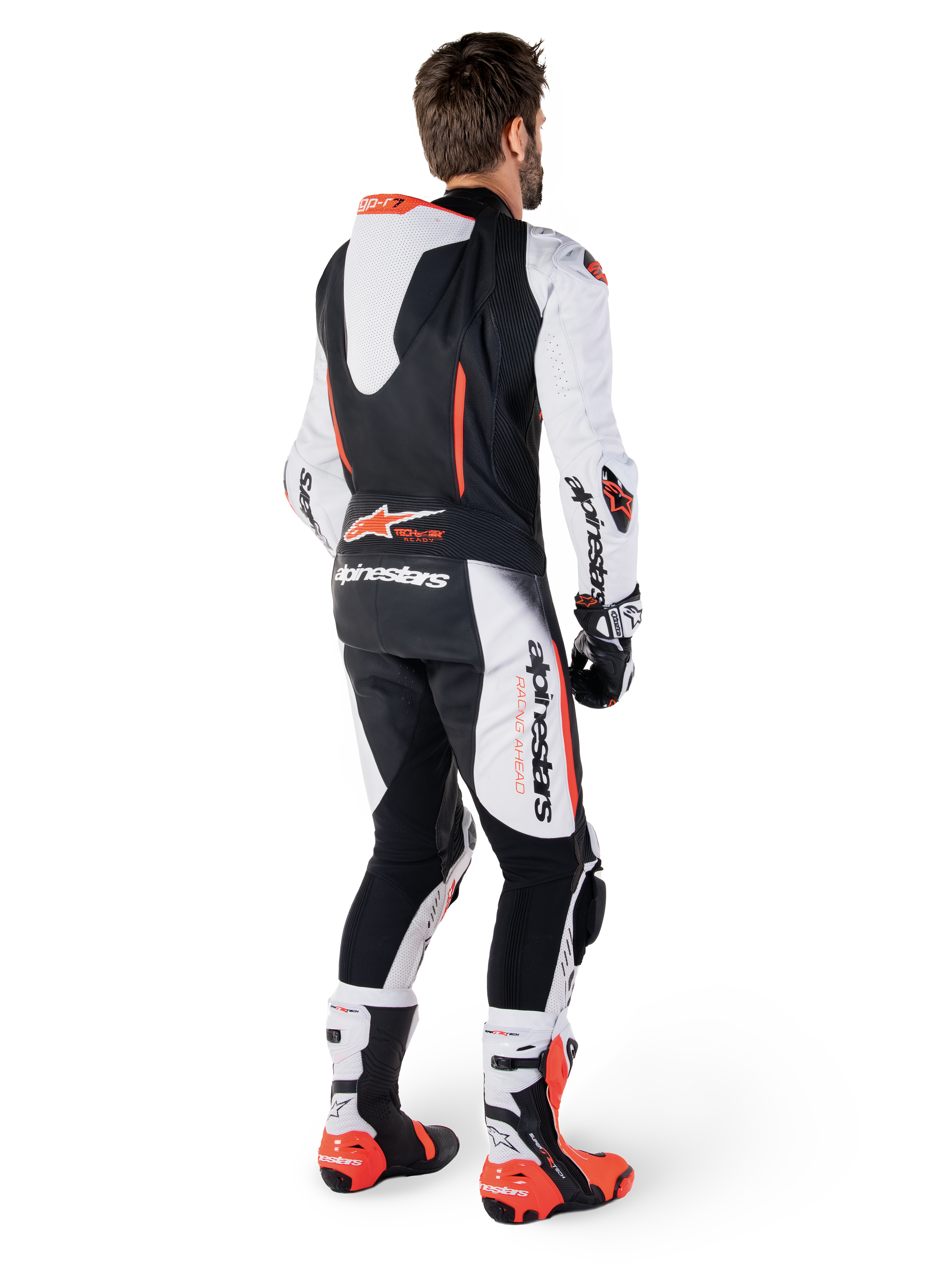 Alpinestars Mono de cuero 1 pieza GP-R7 blanco y negro, para hombre, detalles en rojo flúor, joroba aerodinámica y protecciones, vista posterior