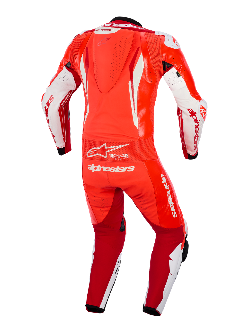 Alpinestars GP Tech V5 One Piece Leather Suit, Rojo Fluo, Rojo Brillante y Blanco, vista trasera que muestra la joroba aerodinámica, el panel de acordeón flexible en la cintura y el logotipo blanco de Alpinestars, equipamiento de competición profesional para uso en circuito de motociclismo.