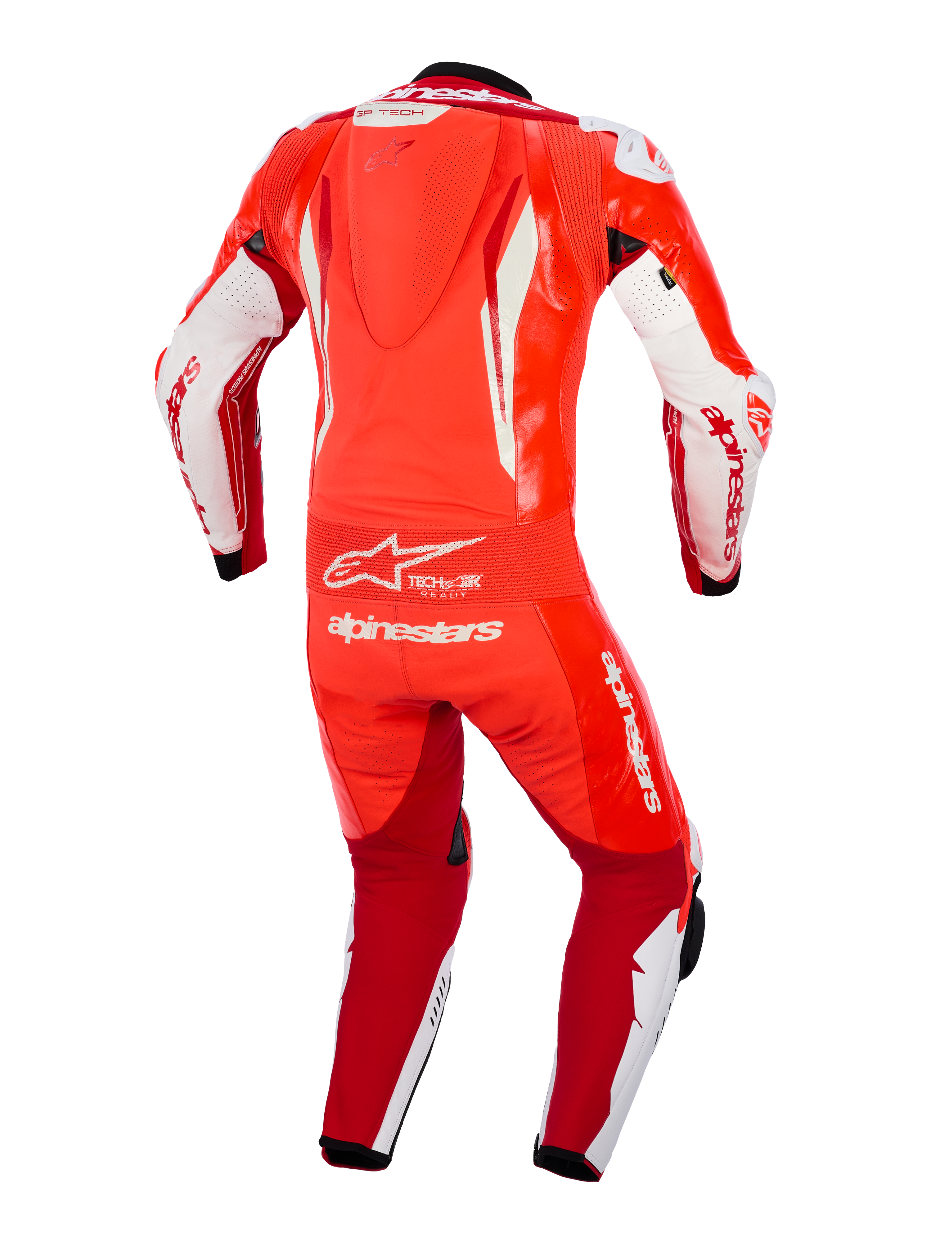 Alpinestars GP Tech V5 One Piece Leather Suit, Rojo Fluo, Rojo Brillante y Blanco, vista trasera que muestra la joroba aerodinámica, el panel de acordeón flexible en la cintura y el logotipo blanco de Alpinestars, equipamiento de competición profesional para uso en circuito de motociclismo.