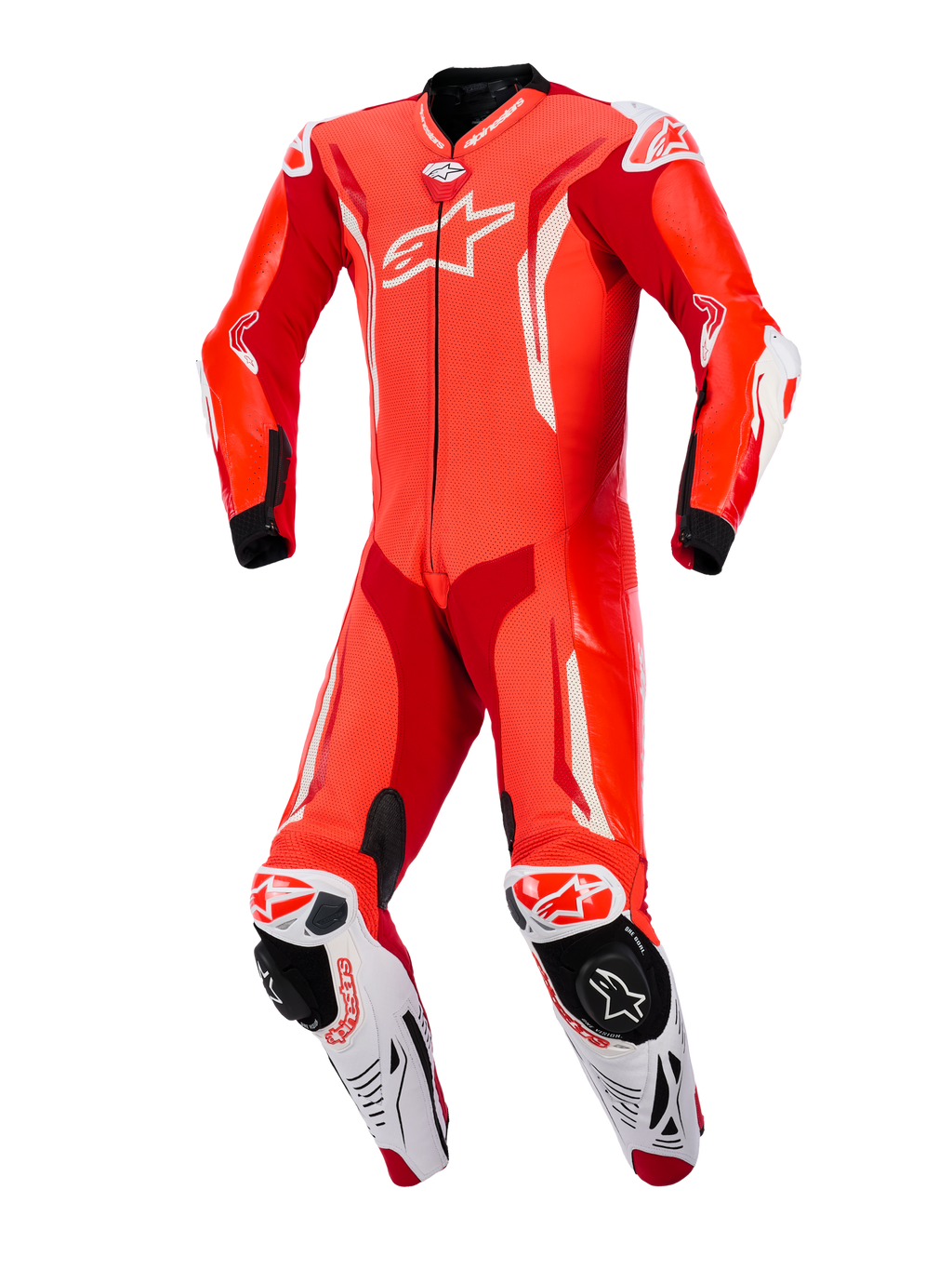 Mono de cuero de una pieza Alpinestars GP Tech V5, rojo flúor, rojo brillante y blanco, vista frontal, traje de competición profesional para motociclismo con cuero perforado, detalles aerodinámicos blancos y deslizadores de rodilla integrados