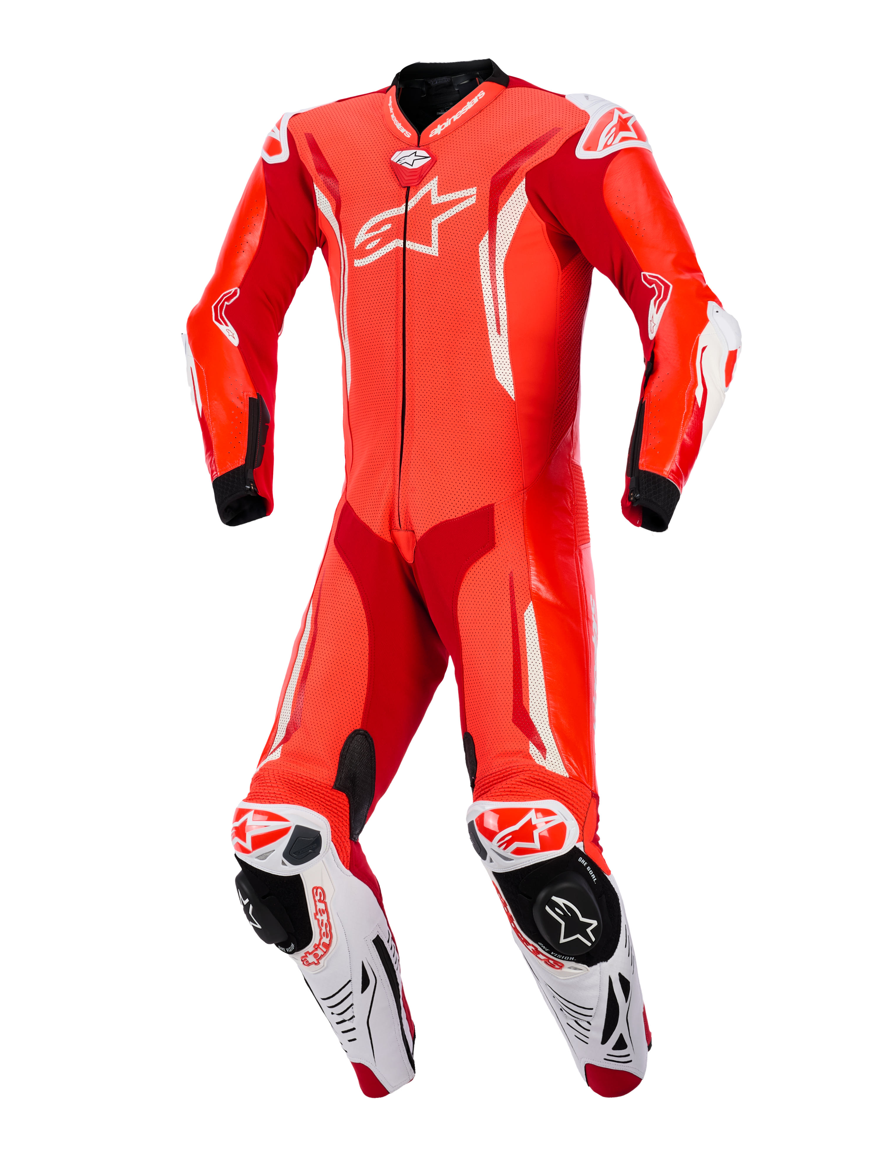 Mono de cuero de una pieza Alpinestars GP Tech V5, rojo flúor, rojo brillante y blanco, vista frontal, traje de competición profesional para motociclismo con cuero perforado, detalles aerodinámicos blancos y deslizadores de rodilla integrados