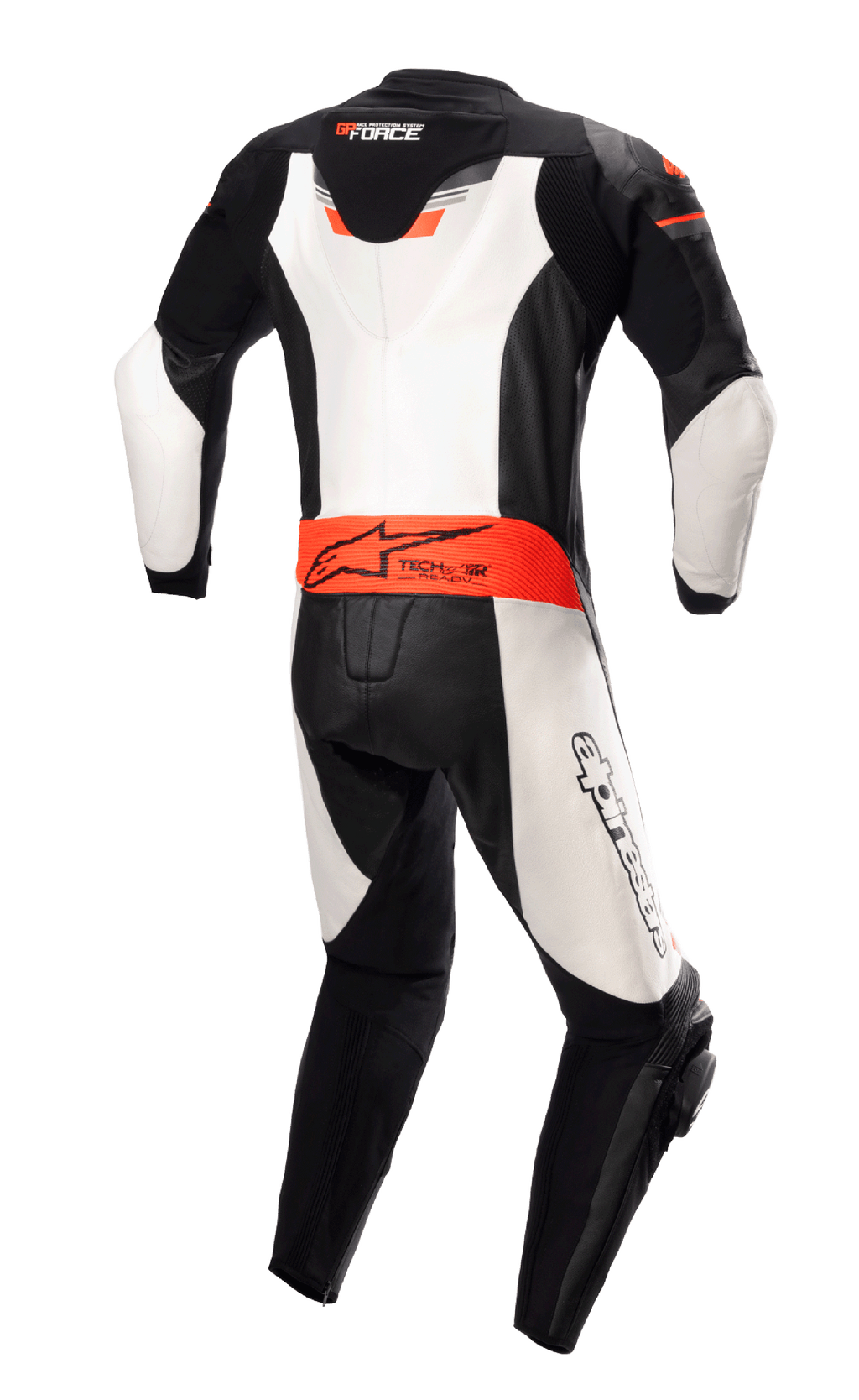 Alpinestars GP Force Chaser One Piece Leather Suit, vista trasera, negro, blanco y rojo flúor, con joroba trasera aerodinámica, marca Tech-Air Ready en la cintura y paneles de cuero blanco, mono de competición profesional de piel bovina para moto