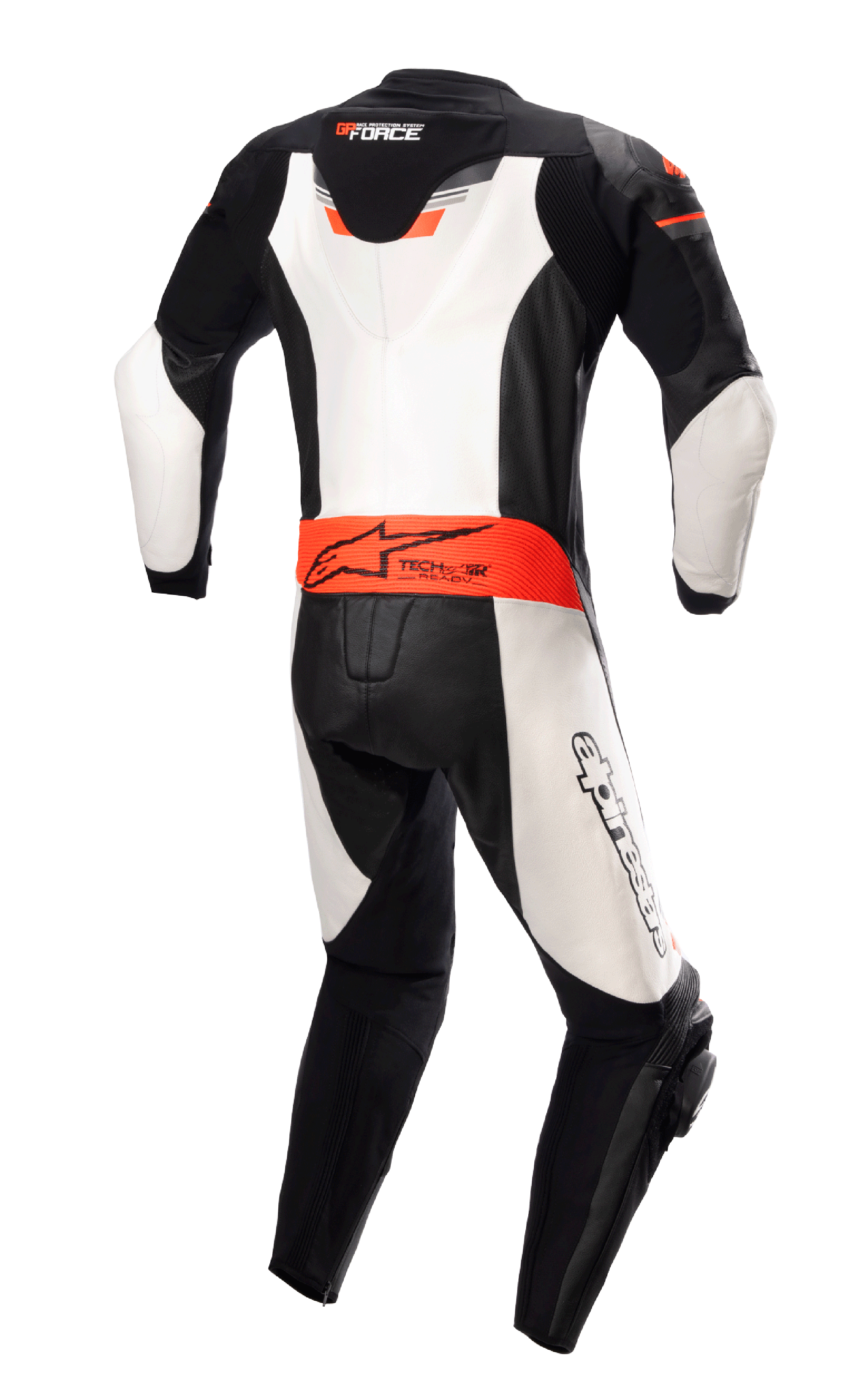 Alpinestars GP Force Chaser One Piece Leather Suit, vista trasera, negro, blanco y rojo flúor, con joroba trasera aerodinámica, marca Tech-Air Ready en la cintura y paneles de cuero blanco, mono de competición profesional de piel bovina para moto