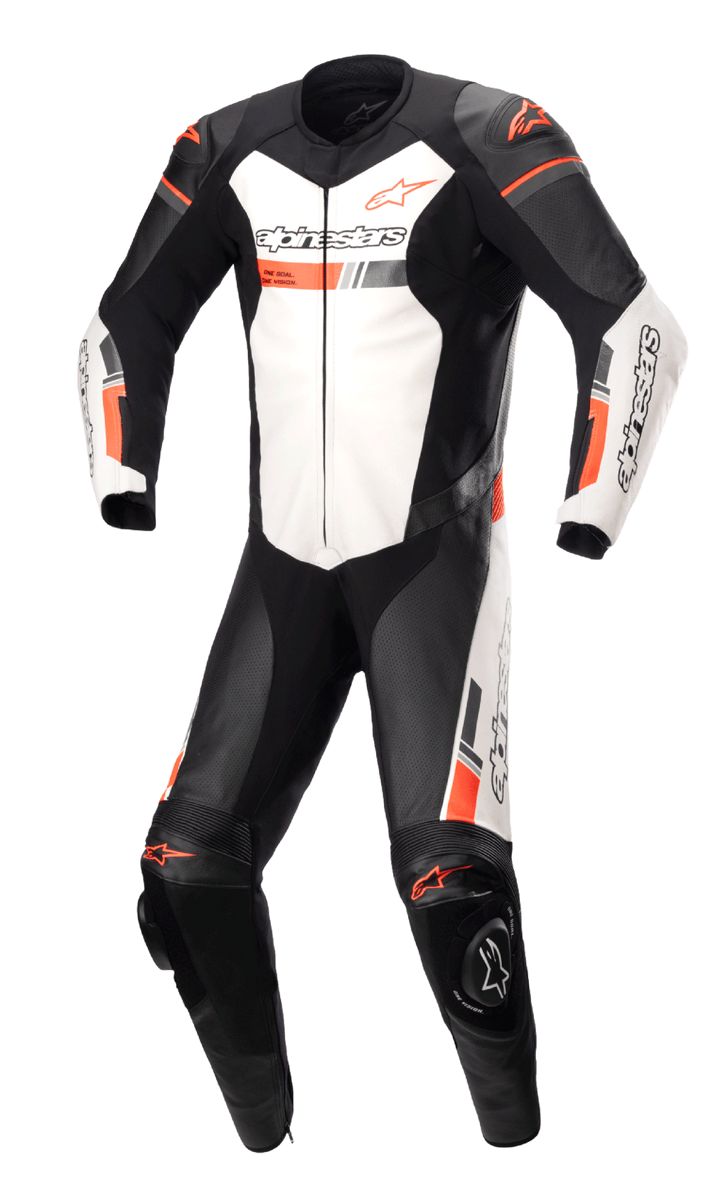Alpinestars GP Force Chaser, mono de cuero de una pieza para carreras de moto, negro y blanco con detalles en rojo fluorescente, paneles de cuero perforado, protectores externos en hombros y rodillas, confeccionado en cuero bovino