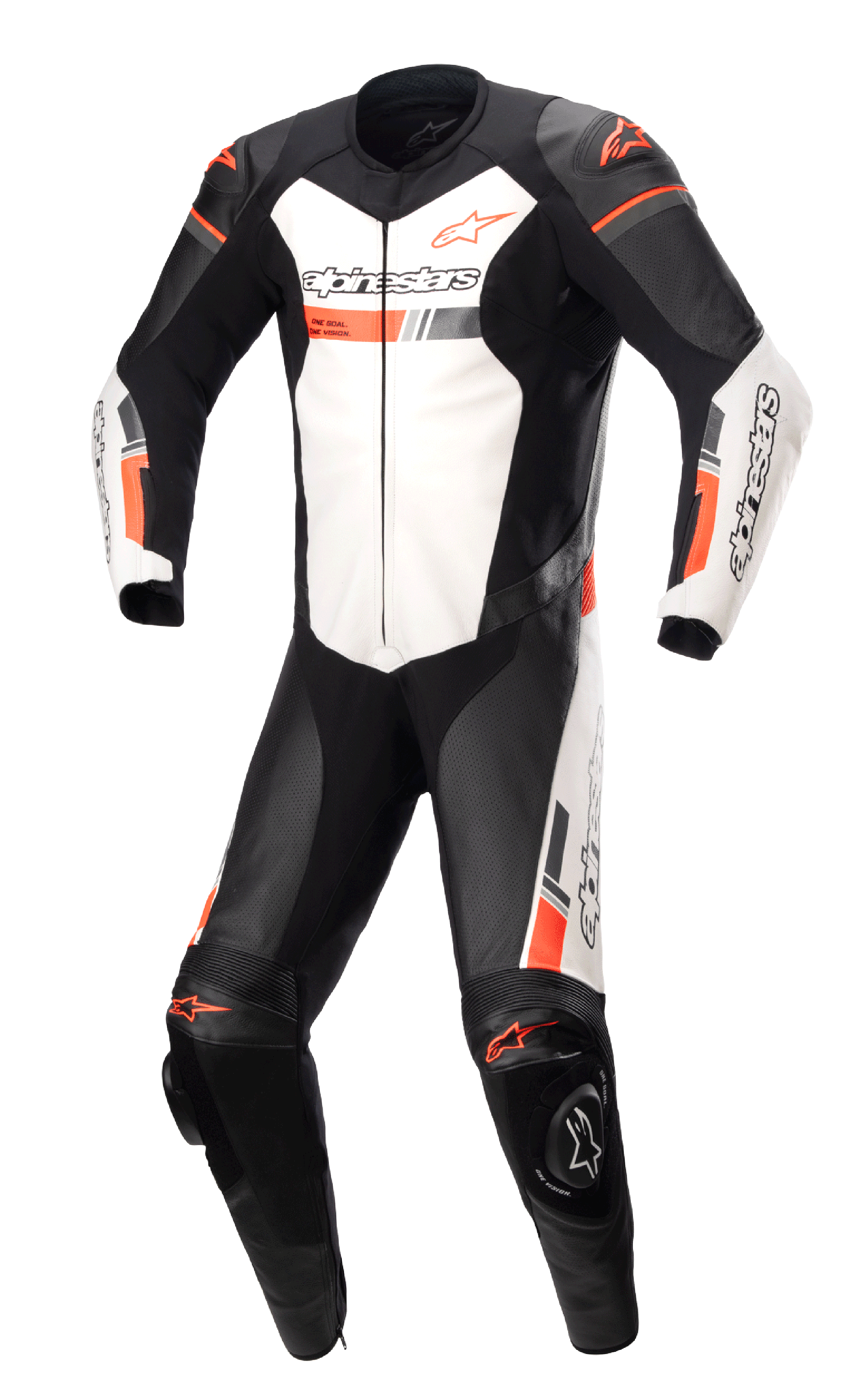Alpinestars GP Force Chaser, mono de cuero de una pieza para carreras de moto, negro y blanco con detalles en rojo fluorescente, paneles de cuero perforado, protectores externos en hombros y rodillas, confeccionado en cuero bovino