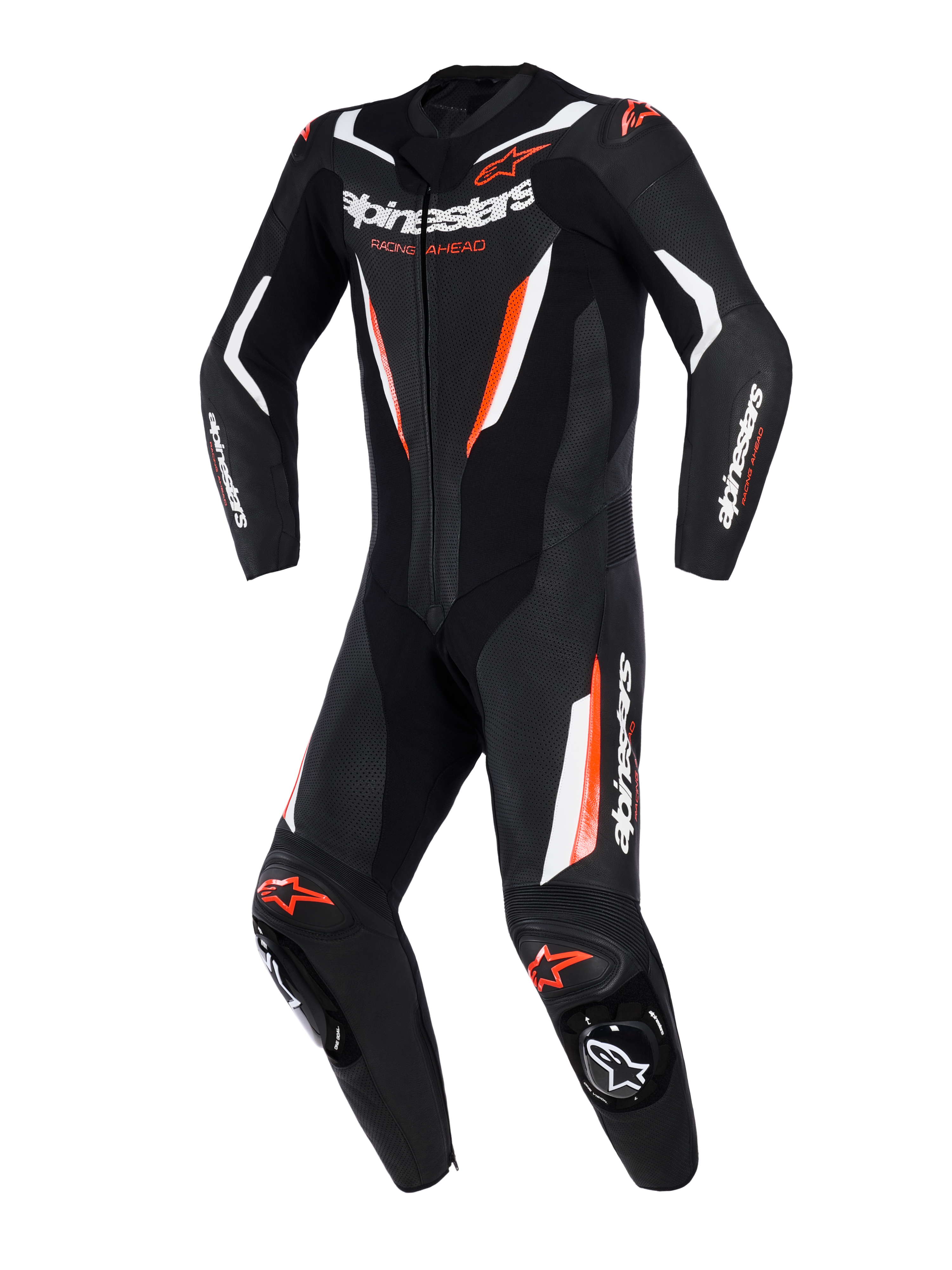 Alpinestars GP Force V2 Leather Suit, traje de cuero de 1 pieza para motociclismo, negro, blanco y rojo flúor, con paneles de cuero perforado, detalles en blanco y rojo fluorescente, logotipo de Alpinestars en el pecho y las mangas, diseño profesional listo para la pista