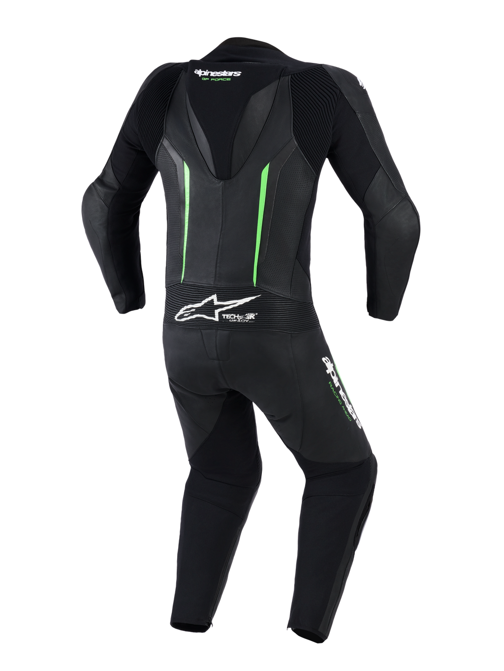 Traje de cuero Alpinestars GP Force V2 de 1 pieza, vista trasera, negro con detalles en verde fluorescente, con joroba aerodinámica, paneles de cuero perforado, zonas elásticas de acordeón y marca Tech-Air Ready, equipamiento profesional para carreras de motos